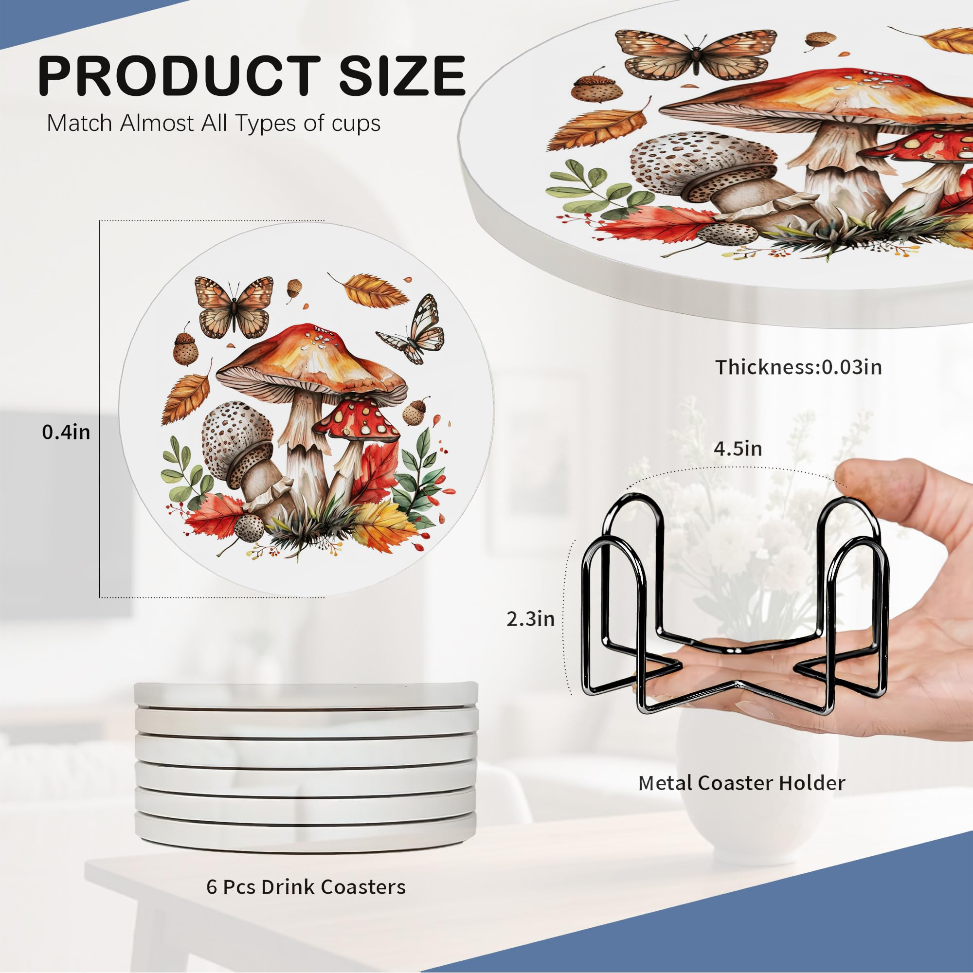 Cute Mushroom Drink Coasters with Holder,Ceramic Coasters for Tables Cork Backed Drink Mats for Coffee/Wine,Kitchen & Office Accessories - Image 4