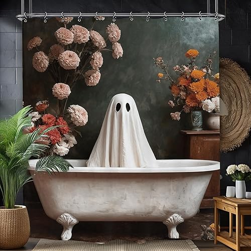 Yookeb Cortina de ducha divertida de Halloween con fantasma, 60 pulgadas de ancho por 71 pulgadas de alto, espeluznante, espeluznante, hilarante,