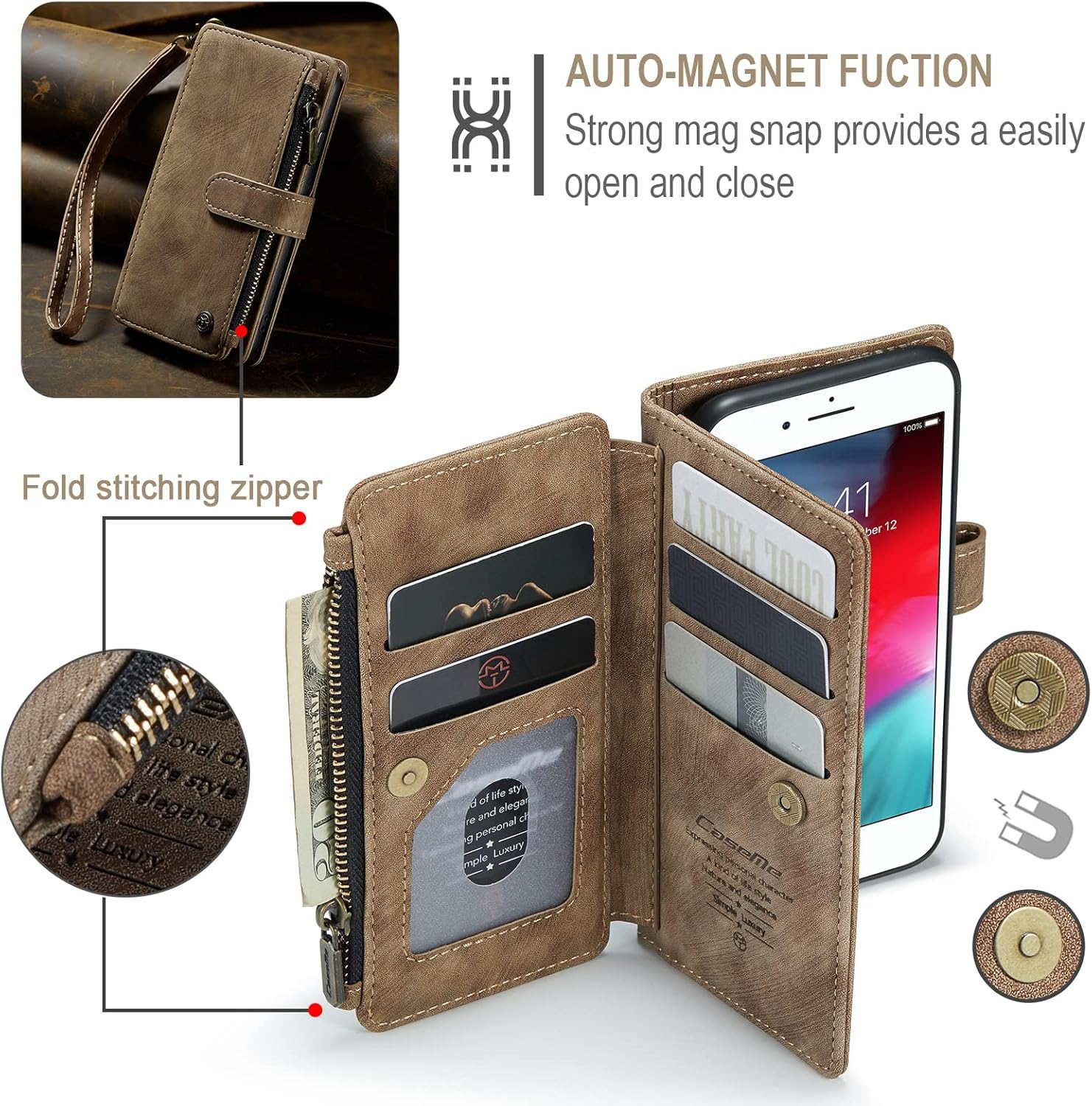 iPhone SE 2022/SE 2020/iPhone 8/iPhone 7 Wallet Case with Card Holder Kickstand Magnetic Zipper Pocket Lanyard Strap Wristlet,Leather Flip Case Wallet for iPhone SE 2022 (Brown)