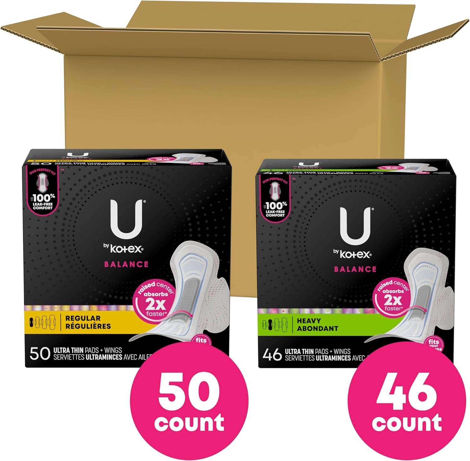 U by Kotex Balance Bundle: Ultra Thin Pads with Wings, Regular Absorbency, 50 Count & Ultra Thin Pads with Wings, Heavy Absorbency, 46 Count (Packaging May Vary)