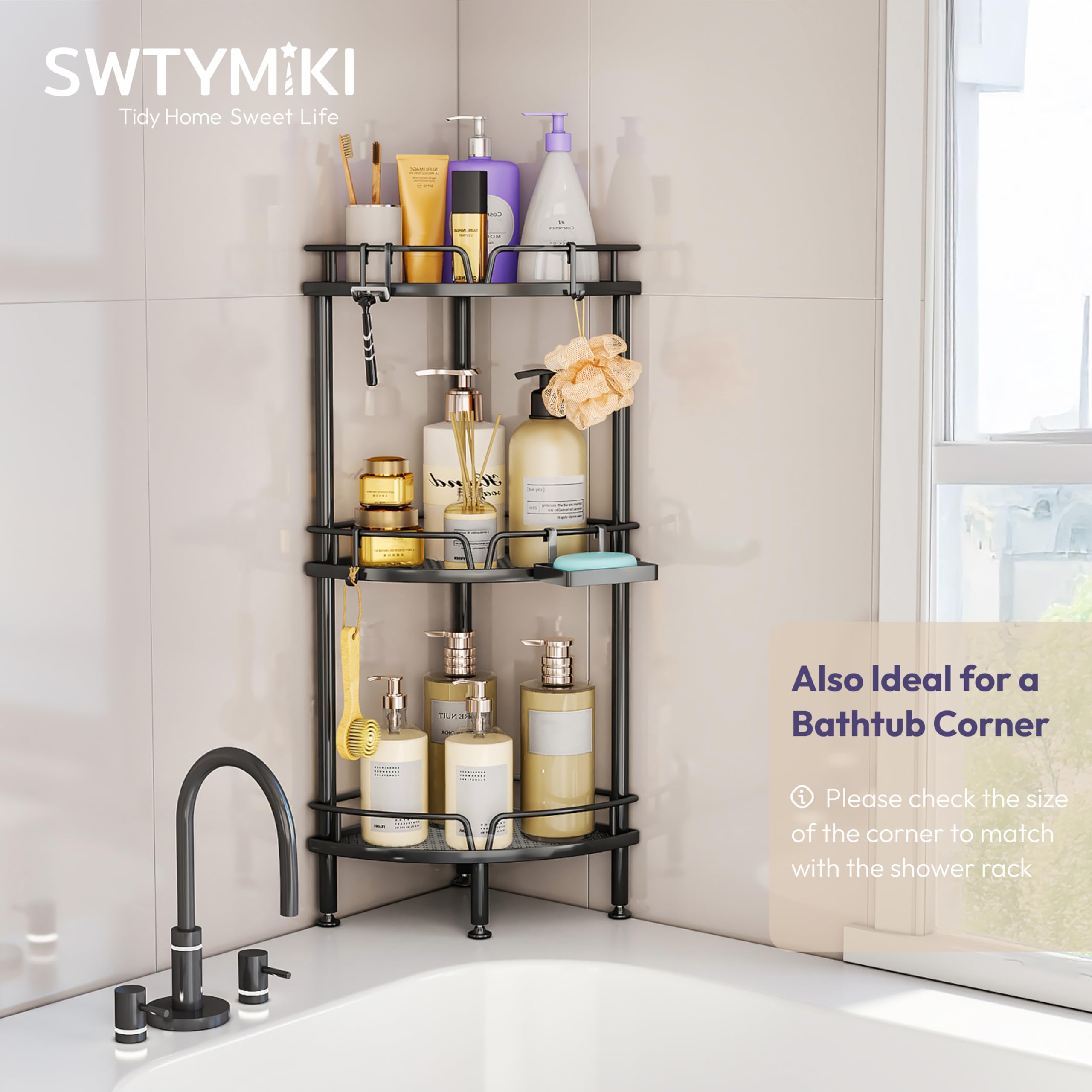 SWTYMIKI Duschablage ohne Bohren Ecke - 3 Stück Duschregal Stehend | Duschablage Freistehend Badezimmer Organizer mit Seifenablage & 4 Haken, Duschregal Ohne Bohren für Shampoo und Duschgel