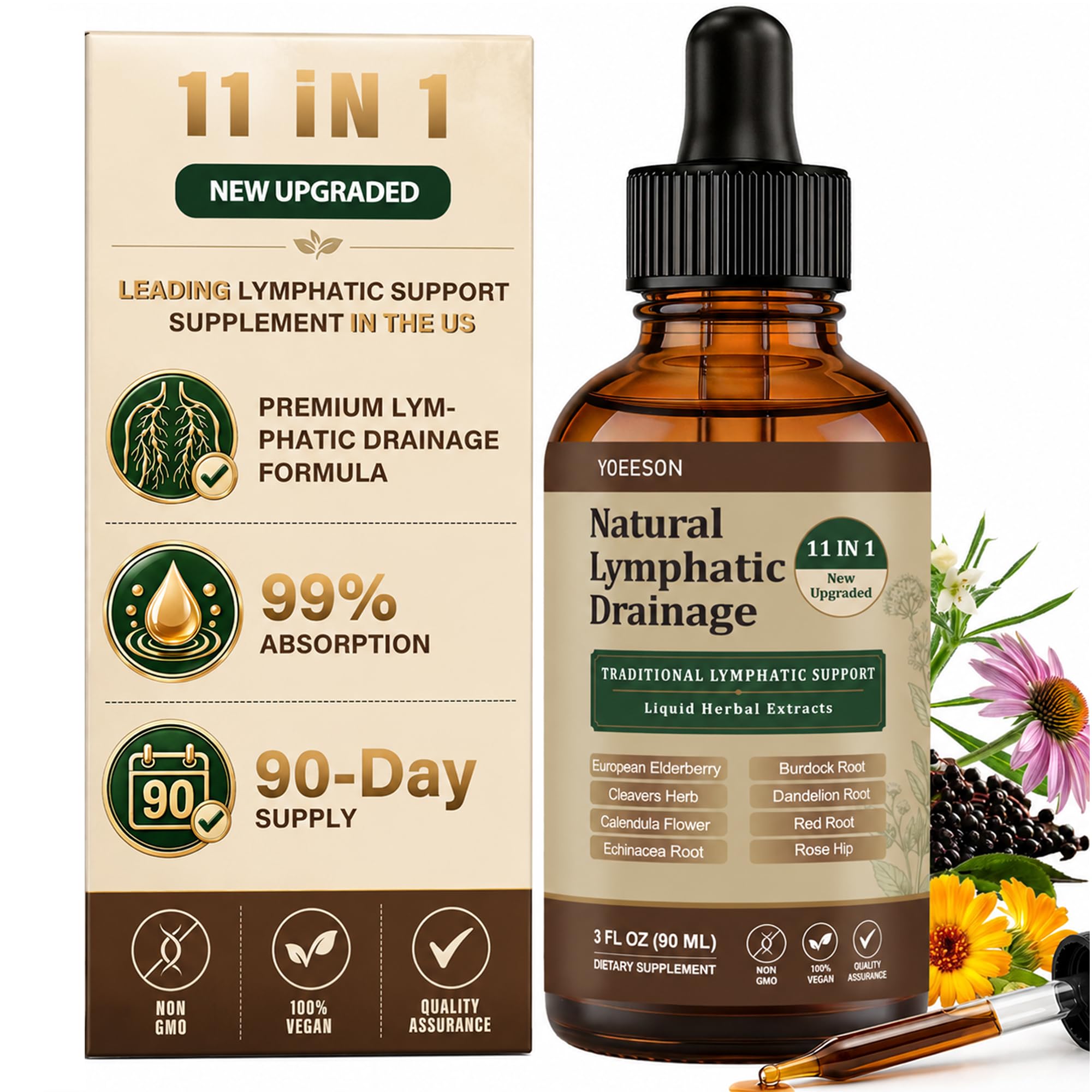 90 Day Supply - Natural Lymphatic Drainage Drops, Alcohol-Free Vegan 11-in-1 Herbal Supplement with Cleavers, Elderberry, Echinacea & Burdock, Supports Lymphatic Wellness, Bloat & De-Puff Support