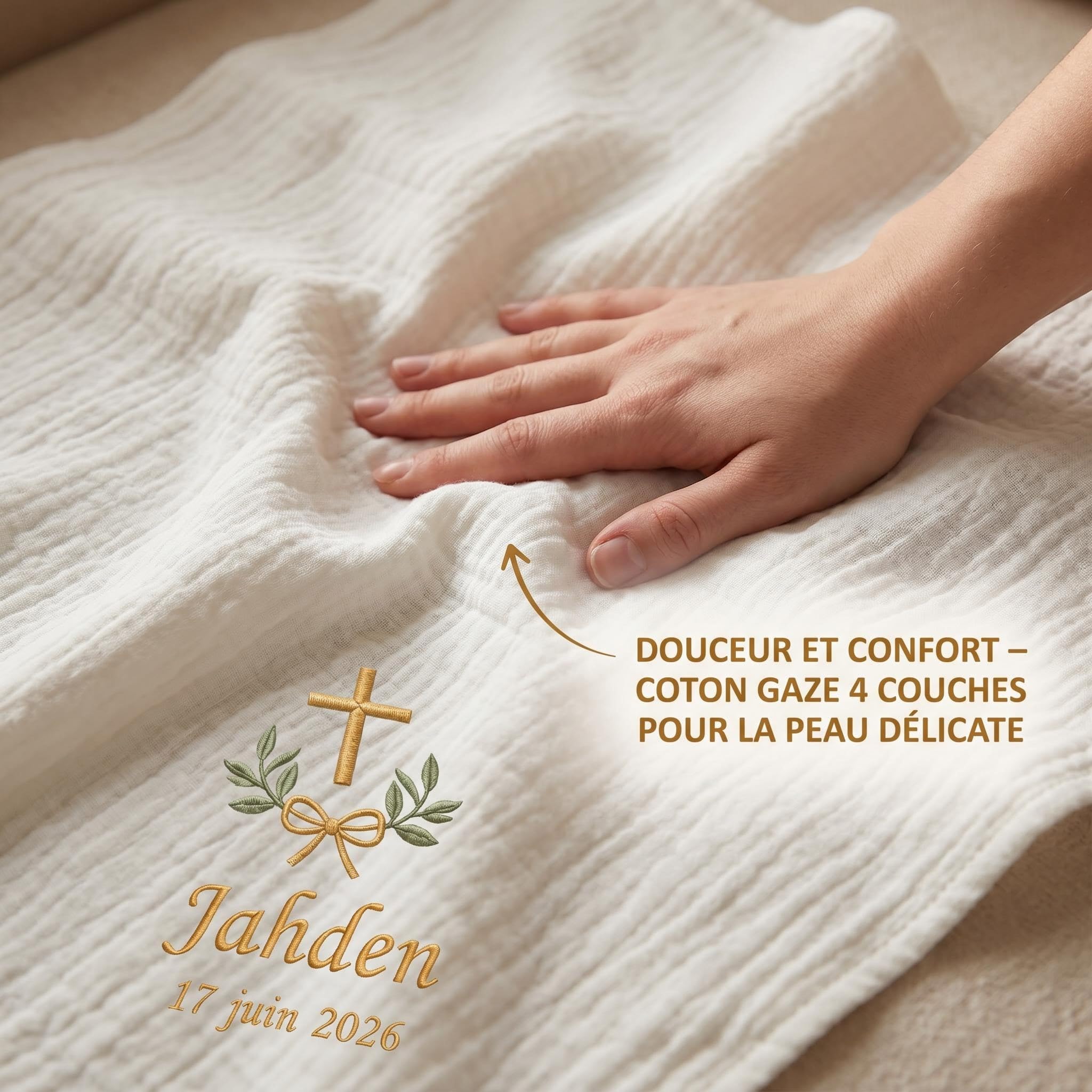 XIAOMA Couverture de Baptême Bébé Personnalisée – Coton Gaze Doux, Broderie Élégante, Style Français – Coffret Cadeau, Personnalisation 48H, Multi-Usage