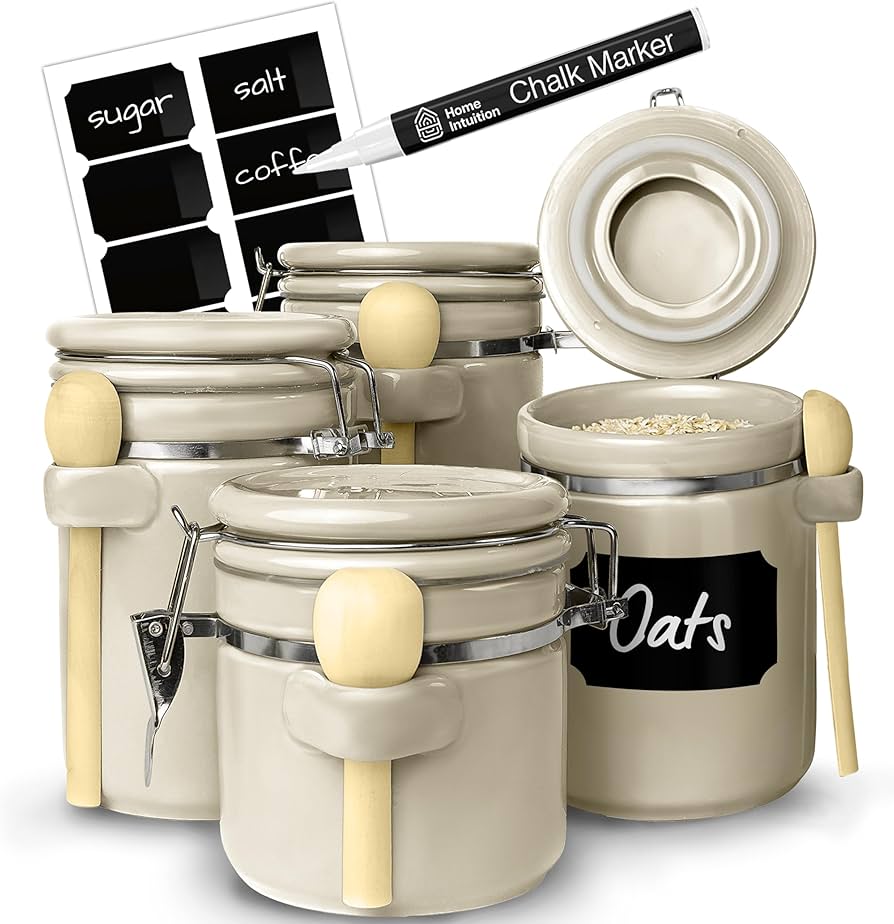 Home Intuition 4-Piece Ceramic Kitchen Canisters Set, Airtight Containers with Wooden Spoons Reusable Chalk Labels and Marker for Sugar, Coffee, Flour, Tea (Off White)