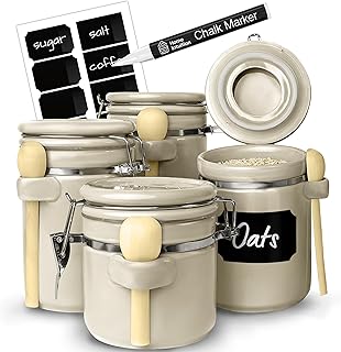 Home Intuition 4-Piece Ceramic Kitchen Canisters Set, Airtight Containers with Wooden Spoons Reusable Chalk Labels and Marker for Sugar, Coffee, Flour, Tea (Off White)