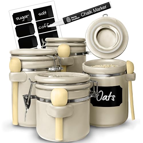 Home Intuition 4-Piece Ceramic Kitchen Canisters Set, Airtight Containers with Wooden Spoons Reusable Chalk Labels and Marker for Sugar, Coffee, Flour, Tea (Off White)