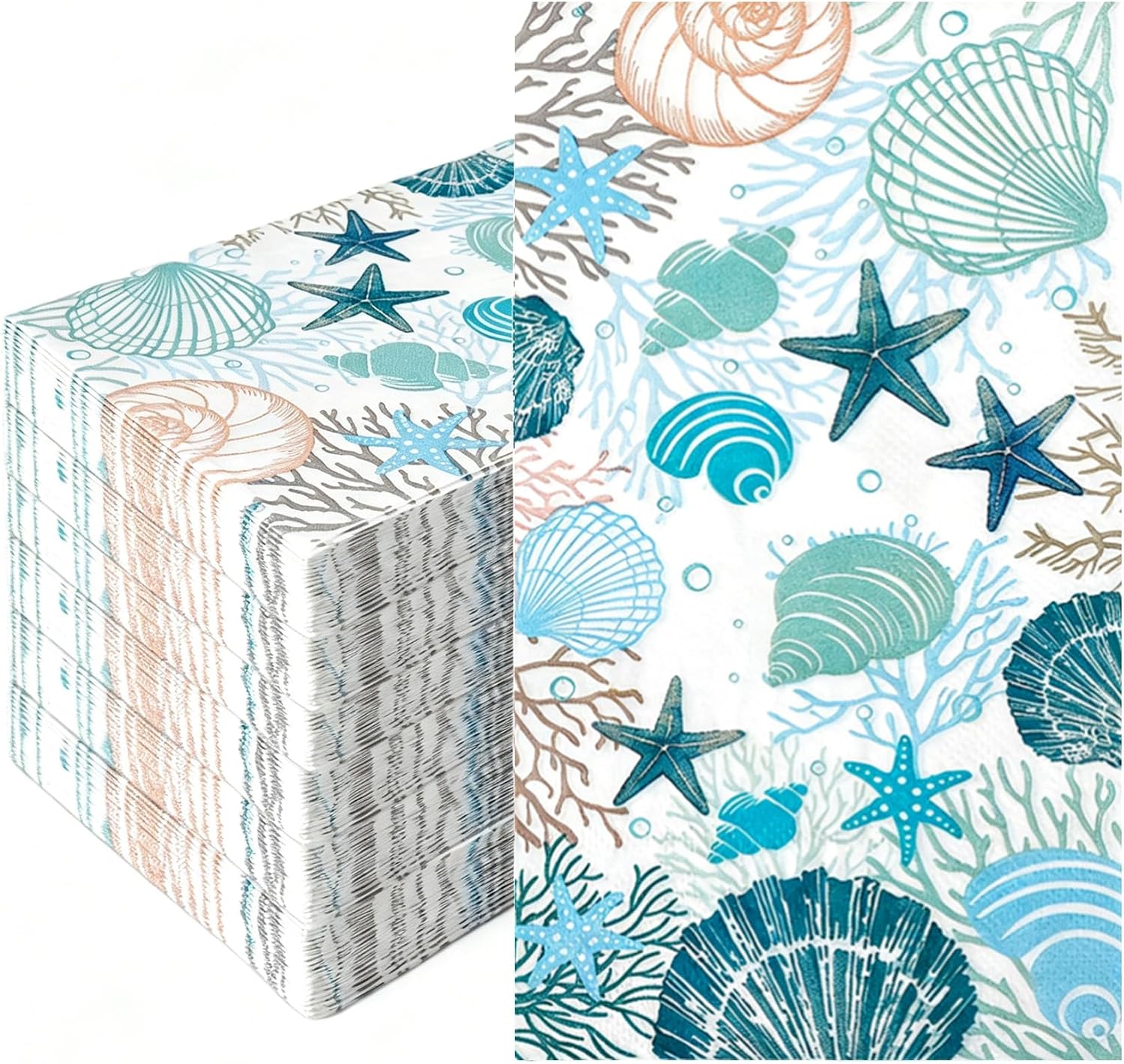 Coastal Beach Napkins, 100 Pcs Seashell Paper Napkins Disposable Ocean Napkins Blue Starfish Coral Cocktail Napkin Under the Sea Nautical Napkin Guests Towels for Summer Birthday Wedding Party Decor