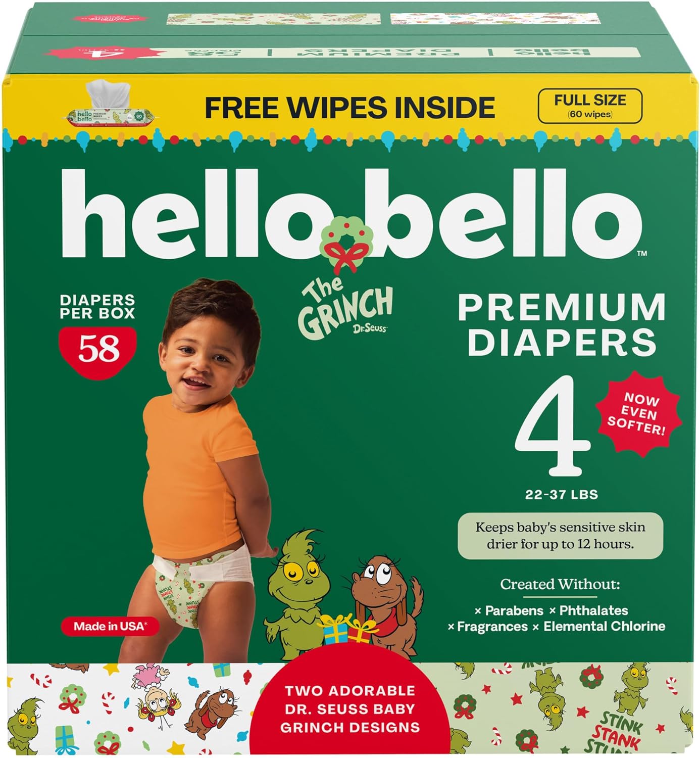 Hello Bello Dr. Seuss Baby Grinch Premium Diapers, Size 4 (22-37 lbs), 58ct Plus Bonus Wipes: Softness & Protection for Sensitive Skin Size 4 Dr. Seuss Baby Grinch