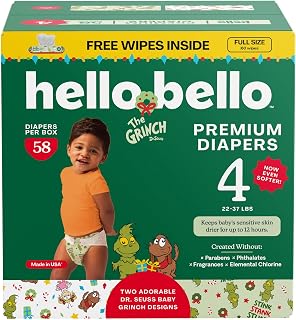 Hello Bello Dr. Seuss Baby Grinch Premium Diapers, Size 4 (22-37 lbs), 58ct Plus Bonus Baby Wipes: Softness & Protection for Sensitive Skin
