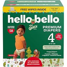 Hello Bello Dr. Seuss Baby Grinch Premium Diapers, Size 4 22-37 lbs, 58ct Plus Bonus Baby Wipes Softness & Protection for Sensitive Skin