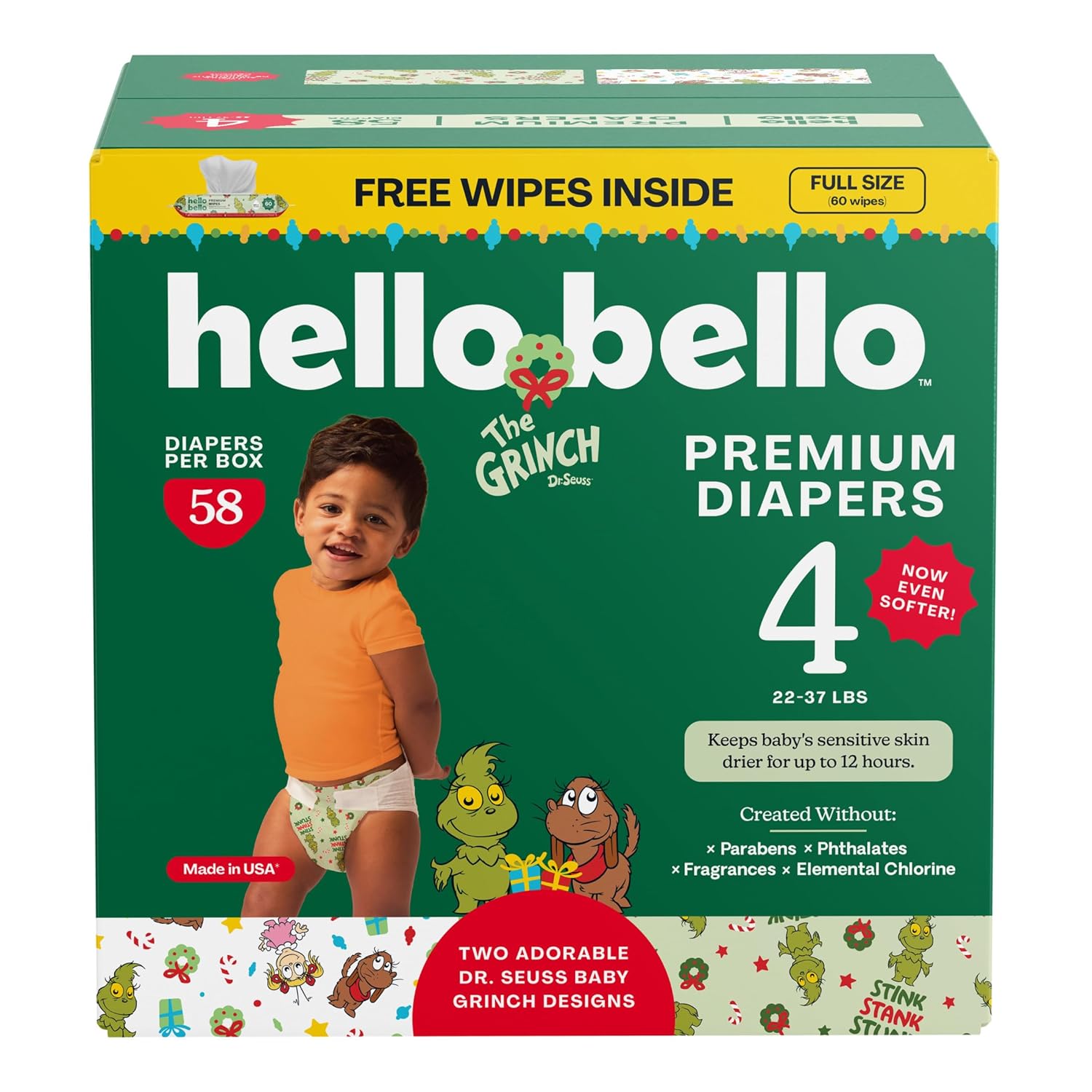 Hello Bello Dr Seuss Baby Grinch Premium Diapers Size 4 22-37 lbs 58ct Plus Bonus Wipes Softness Protection