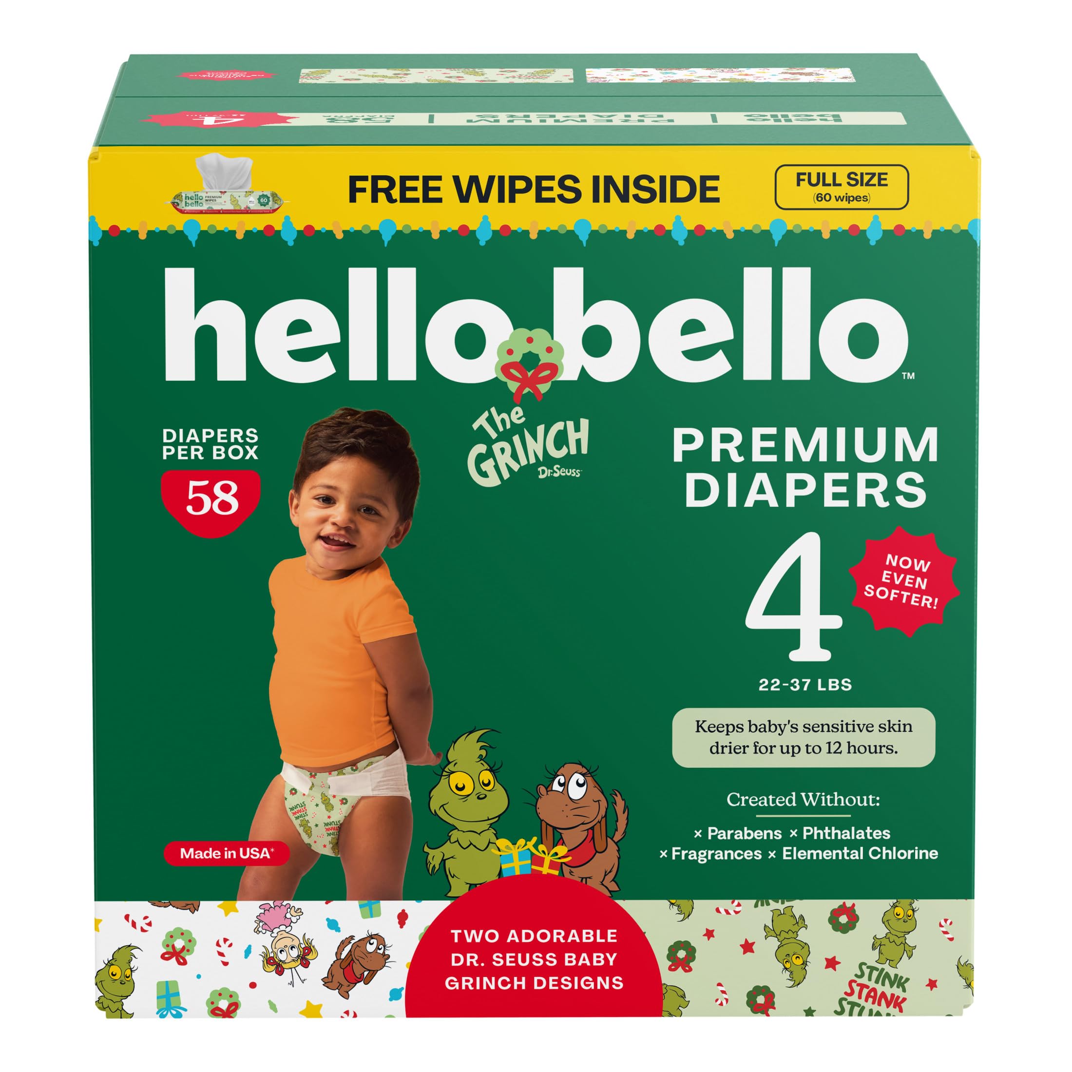 Hello Bello Dr. Seuss Baby Grinch Premium Diapers, Size 4 (22-37 lbs), 58ct Plus Bonus Wipes: Softness & Protection for Sensitive Skin