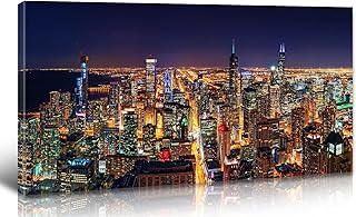 Chicago Skyline Wall Art - Colorful Modern USA Downtown City Night View Canvas Painting for Living Room Decor, Skyscraper Building Panorama Pictures Framed for Bedroom Home Office Decorations 20"X40"