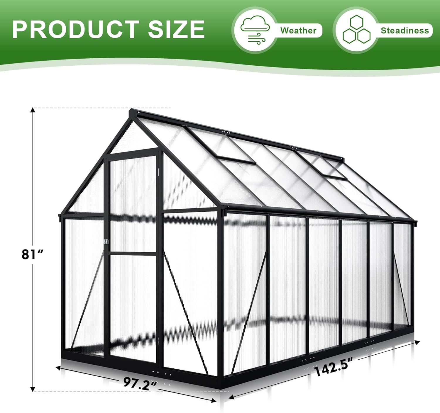 Polar Aurora 8x12 FT Greenhouse for Outside, Quick Aluminum Assembly Structure Polycarbonate Green House, Walk-in Greenhouses with 2 Ventilated Windows, Green Houses for Outdoors Backyard Garden