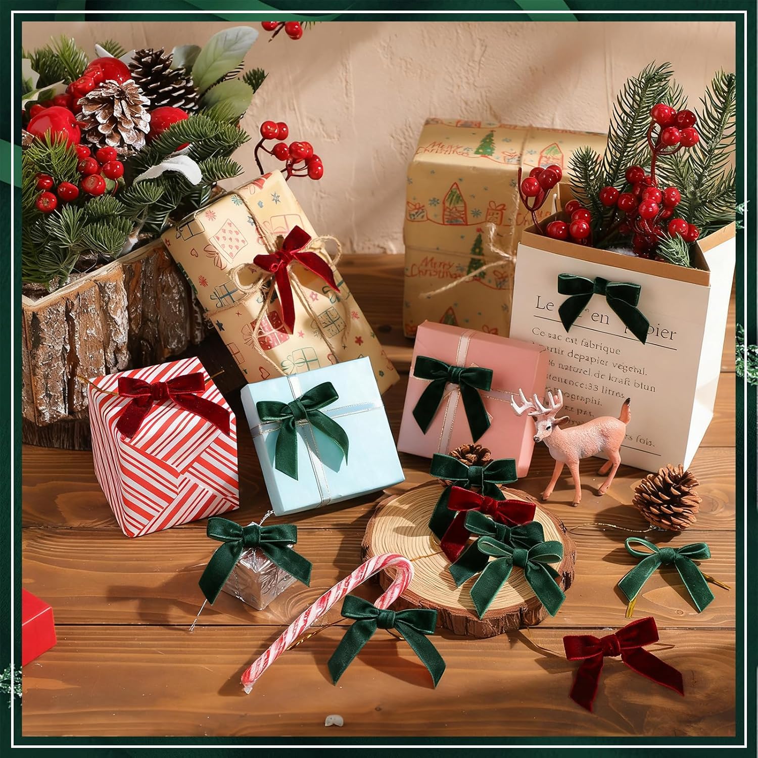 Daifunli 100 Pcs Christmas Velvet Bow for Craft Christmas Tree 2.36" Pretied Velvet Ribbon Bow for Holiday Xmas Gift Box Wrapping Wreath Garland Decor(Wine Red and Dark Green)