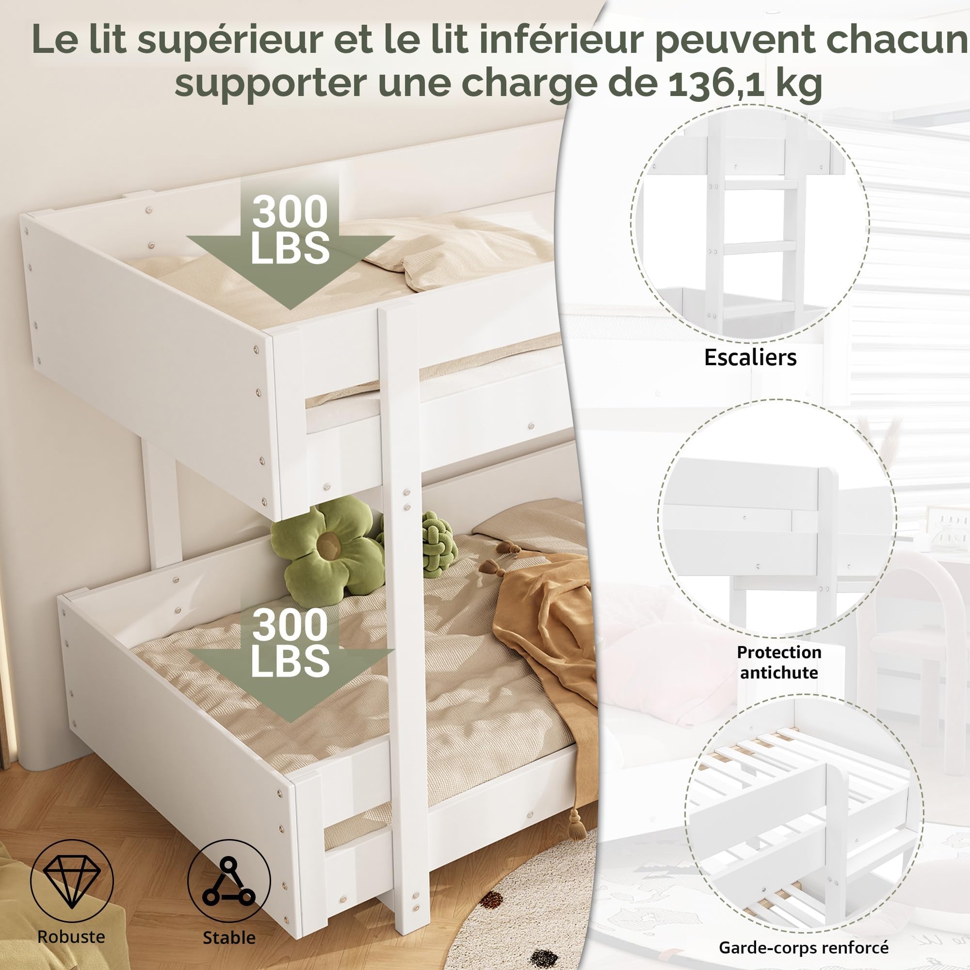 Merax Lit superposé pour Enfant, 90 x 200 cm, en Bois Massif et MDF, avec échelle de sécurité, pour garçons et Filles, Blanc (sans Matelas)