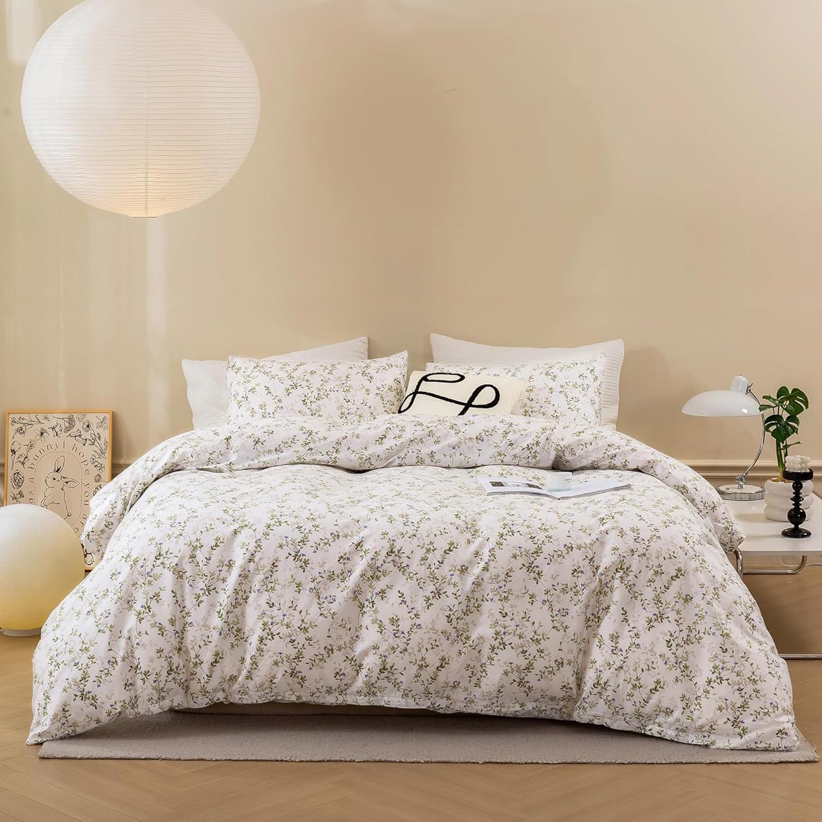 Tabeskly Girls Reversible Green Leaves Botanical Flora Flower Bedding Double Duvet Cover Sets Bed Zipper Green White 200×200cm