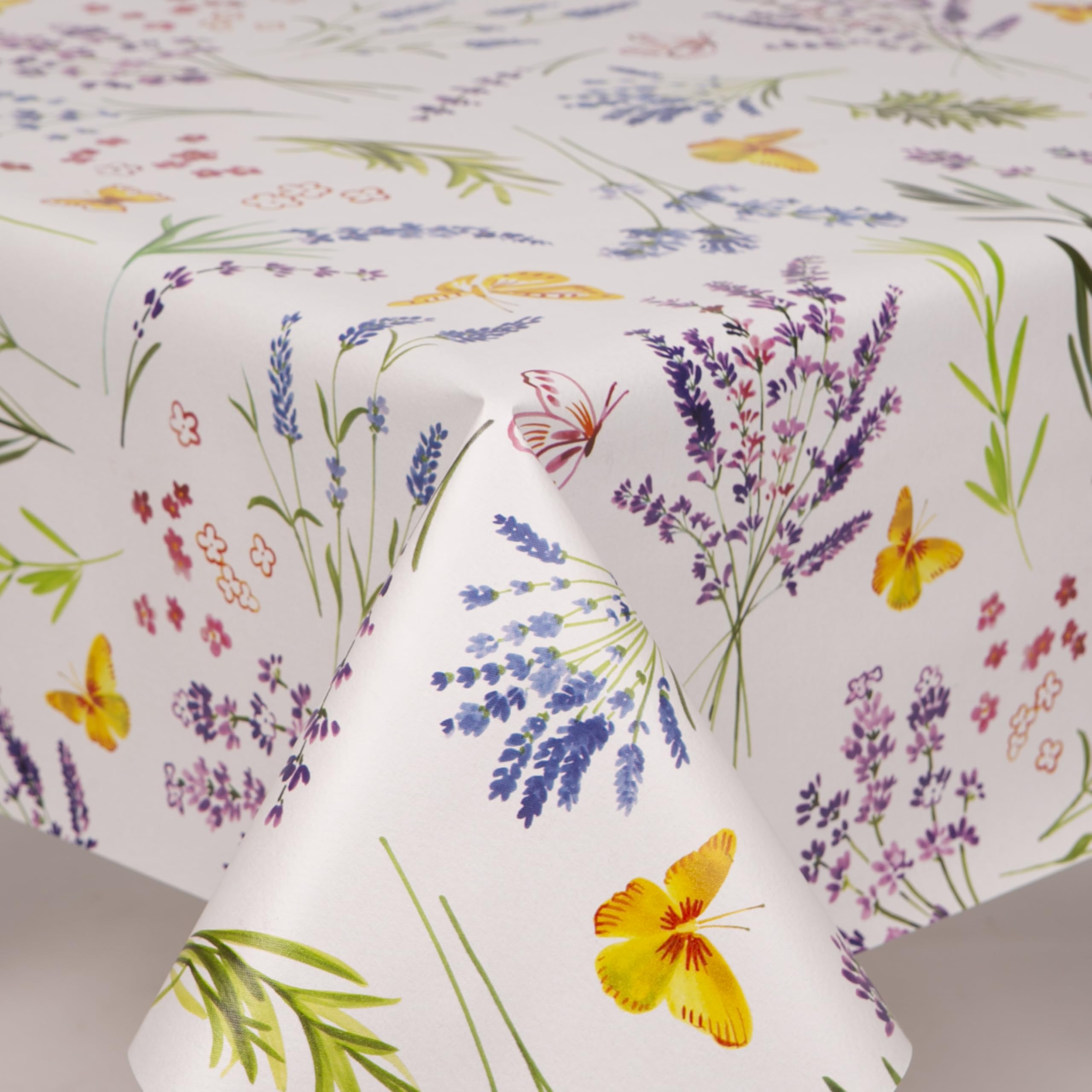 Home Expressions Spring Pvc Wipe Clean Vinyl Table Cloth/Protector Textile Backing, Cream Ground with Butterflies, Flowers, Ferns, Lavender Sprigs (183cm x 135cm Oval)