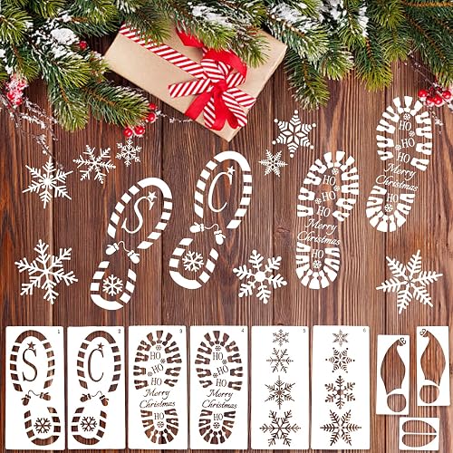 FOIMAS Christmas Santa Footprint Stencil,9pcs Snowflake Painting Stencil Large Elf