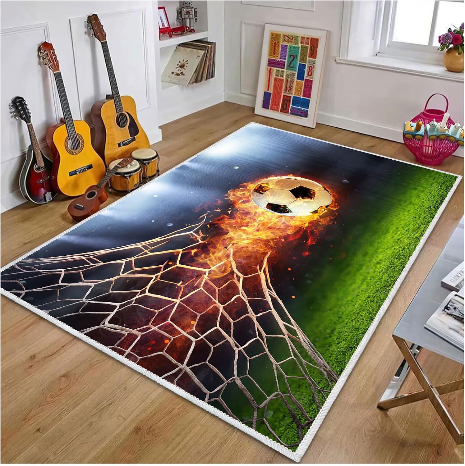 Kid Carpet Football Field Rug, Green Soccer Field Area Rug for Boys Room, Non-Slip Washable Sports Theme Play Mat for Living Room Bedroom Children's Room Playroom Decor(2.6×3.9ft/31×47in)