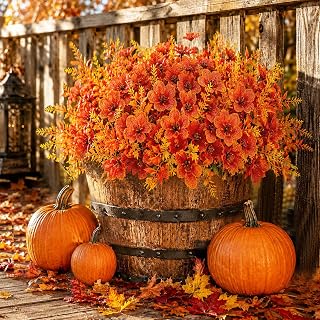 Artificial Fall Flowers for Outdoor, 24 Bundles UV Resistant Fake Flowers | No Fade Faux Silk Grass Daisy Lavender Floral Plant Front Porch Door Patio Garden Balcony Home Autumn Decor (Orange)