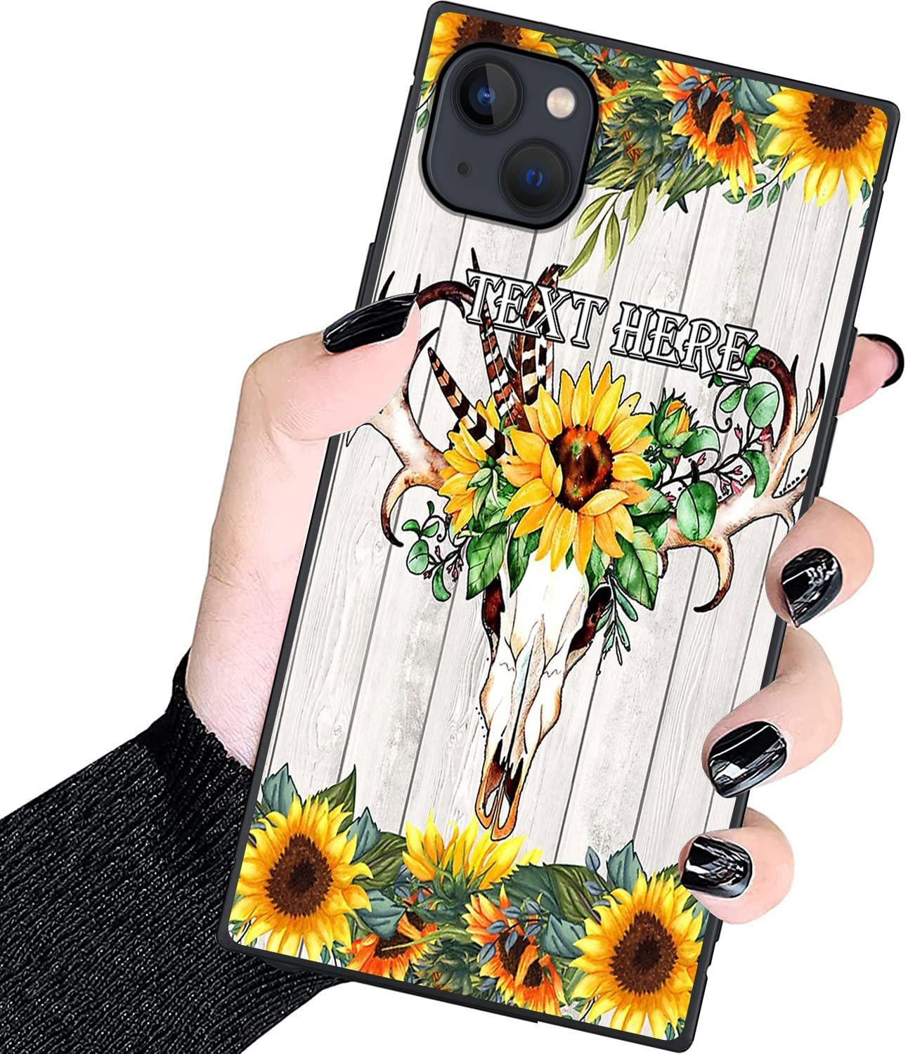 Designer Luxury iPhone 14/13 Case for Women,Square Classic Checkered Style,Hard PC+Soft Silicone case is Shock-Proof and Skid-Proof for Protective Case-Cows and Sunflower