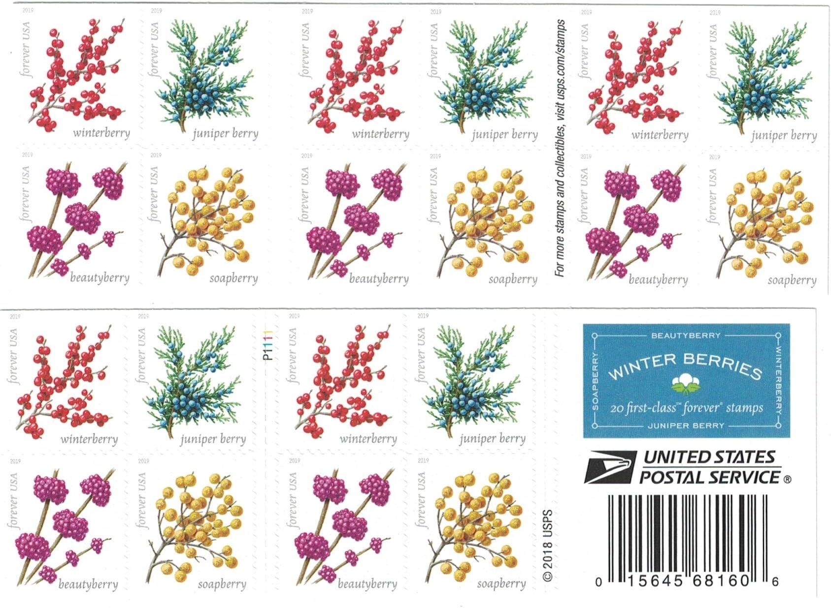 Winter Berries Book of 20 First Class US Postage Stamps Wedding Celebrate Engagement (20 Stamps)