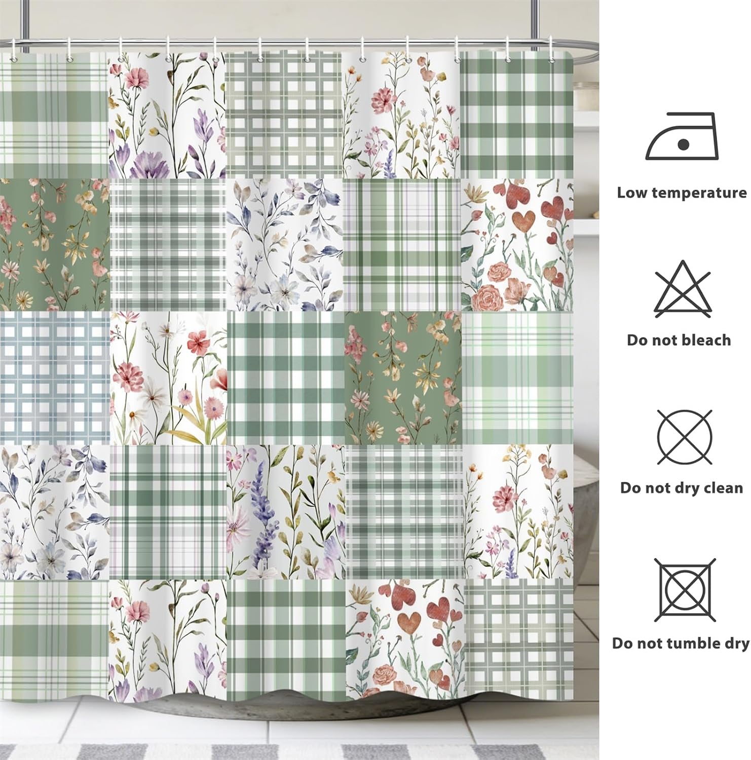 Renaiss 72x72 Inches Floral Patchwork Shower Curtain Boho Sage Green Colorful Flower Plaid Plant Printed Farmhouse Fabric Shower Curtains for Bathroom Decor Waterproof Polyester with Hooks