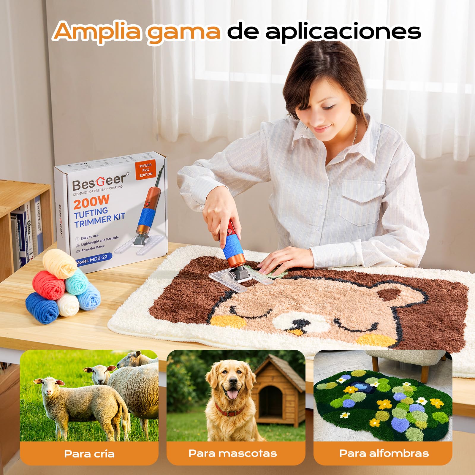 BESGEER Recortadora de Alfombras de 200W con guía de corte optimizada, trimmer con 2 cuchillas para reparación, recortadora de tufting fácil de usar para esculpir alfombras de pistola de tufting