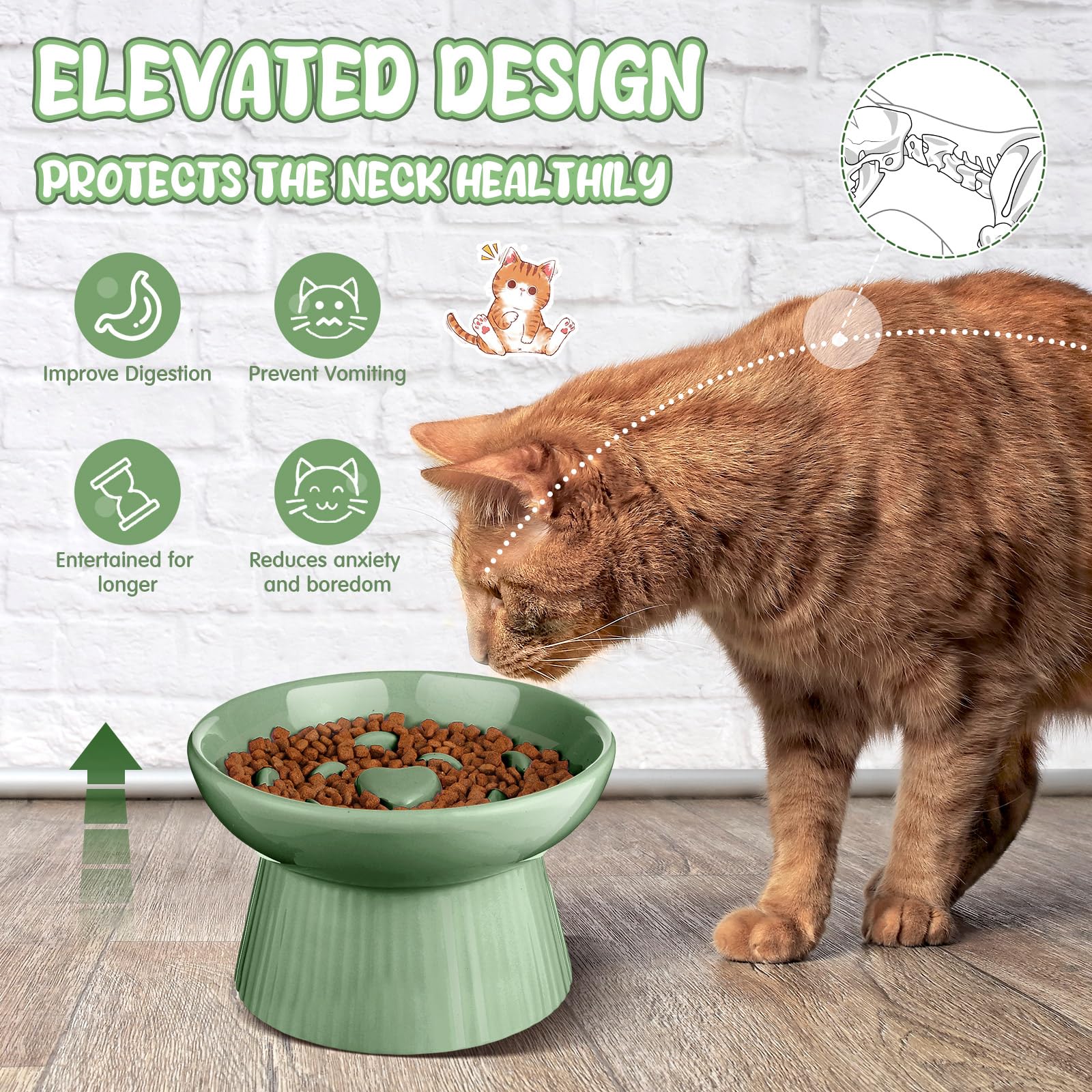 Tioncy Gamelle surélevée en céramique pour chat - Anti-vomissement - Pour nourriture sèche et humide - Facile à nettoyer - Bord haut - Pour chats, petits chiens, chatons, maison, lave-vaisselle - Vert