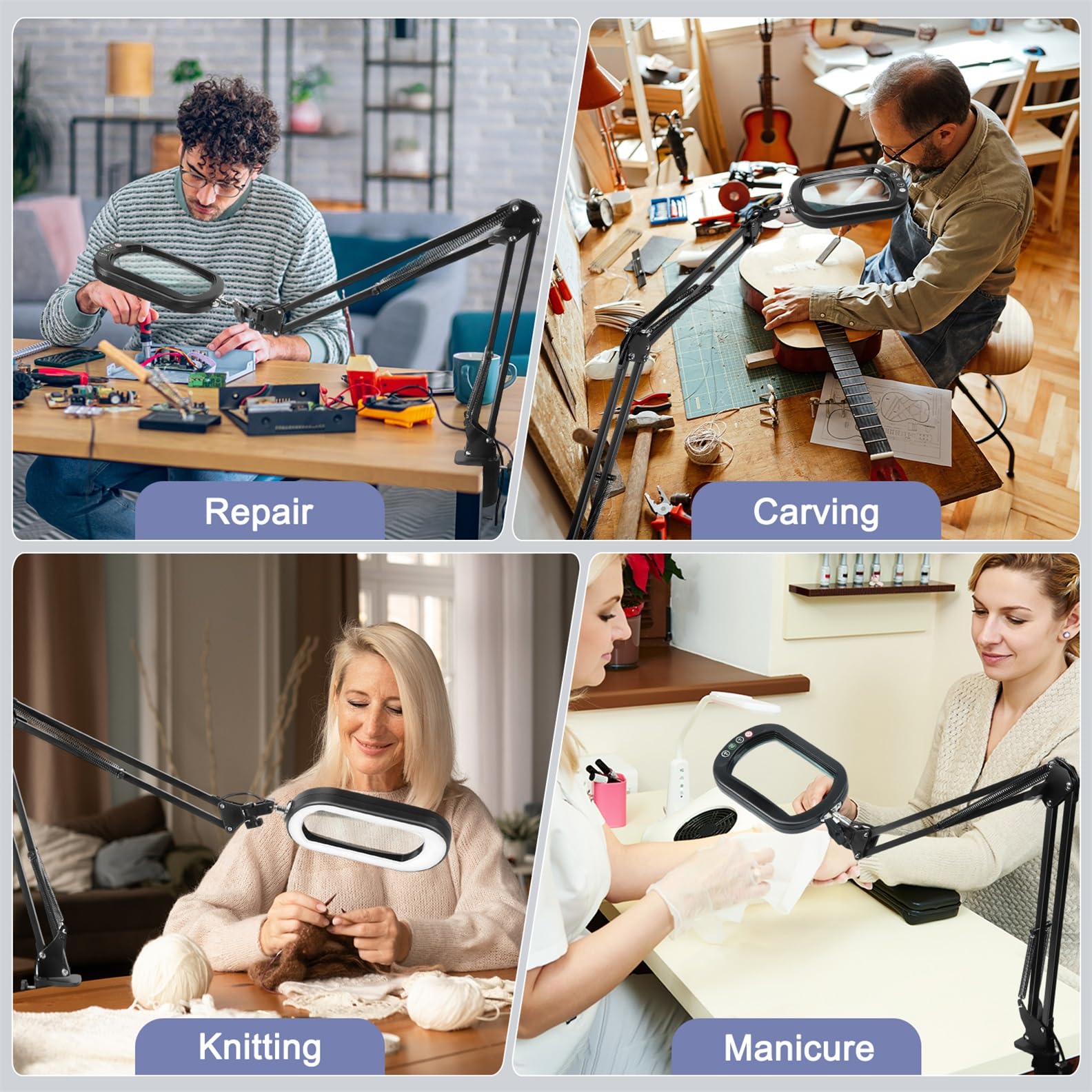 Lupa de 10 unidades con luz y pinza, lupa de cristal real LED con luz y soporte, 5 modos de color regulable para personas mayores, lupa de brazo giratorio manos libres para manualidades, aficiones