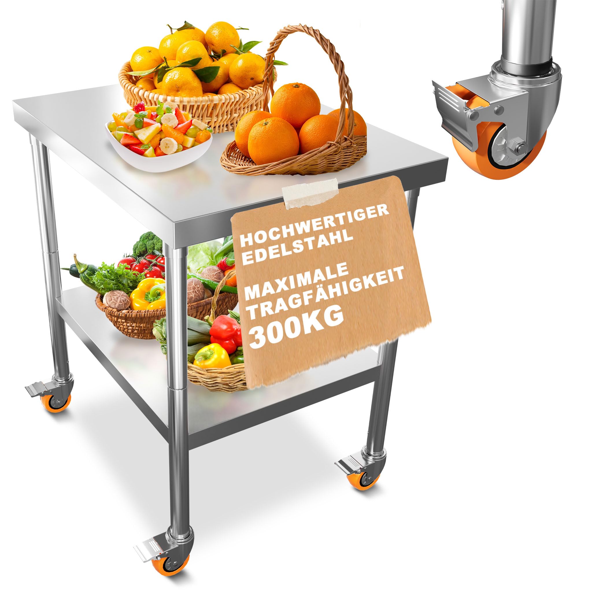 UISEBRT Table de travail en acier inoxydable, 4 roulettes pivotantes avec freins, Table de préparation/table de cuisine avec hauteur réglable, pieds, Table de découpe capacité de charge 300 kg pour