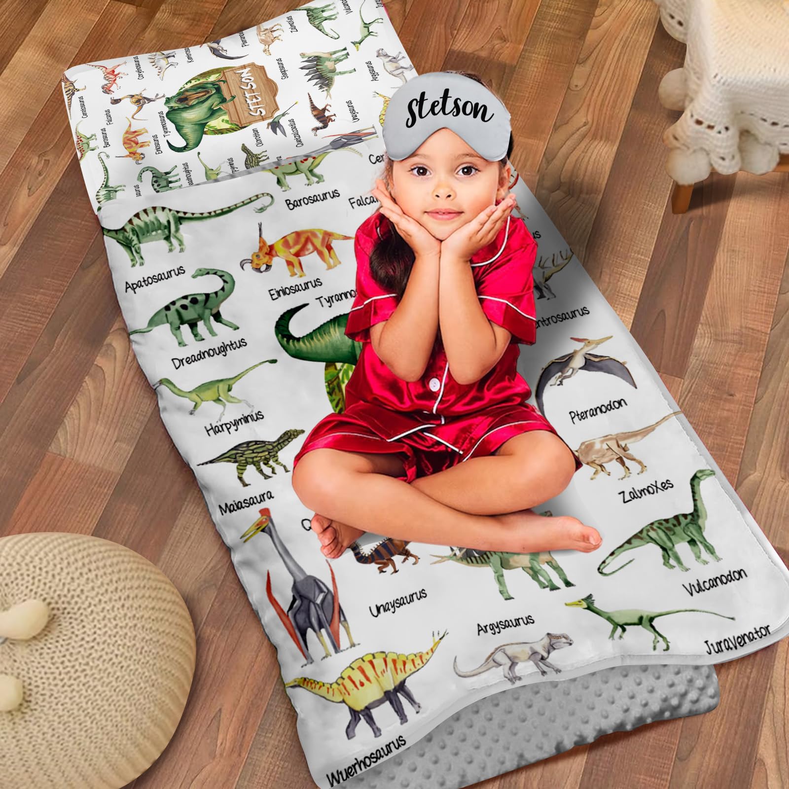 Dyoart Personalized Toddler Nap Mat, Custom Name Kids Sleeping Mat for Daycare Preschool Kinder, White Dinosaur Boy Sleep Bag with Pillow Blanket Eye Mask, Easy Roll Up & Carry Infant Child Nap Sack