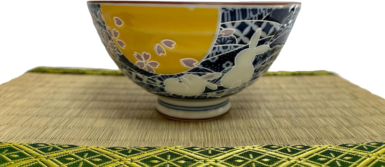 Japanese Mino Ware Ceramic Rice Bowl Set, Rabbits, Moon and Cherry Blossoms Pattern, 4.84 Inches Diameter x H2.6 Inches, 13.3 Fluid Ounces Set of 2 from Japan (Rabbits,Moon)