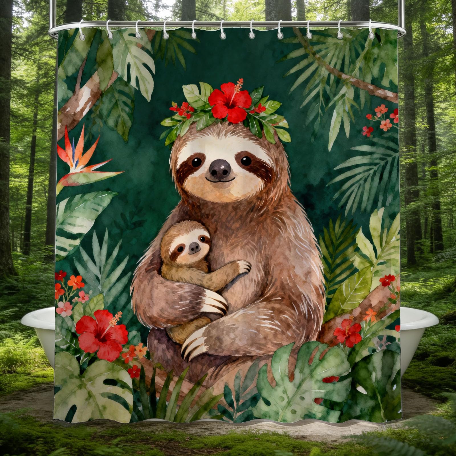 Hongduo 3D Watercolor Sloth Shower Curtain for Stalls Bathtubs Tropical Plants Bathroom Decor Shower Curtain Set Polyester Fabric Waterproof 180x200cm/71X79 Inch with Hooks