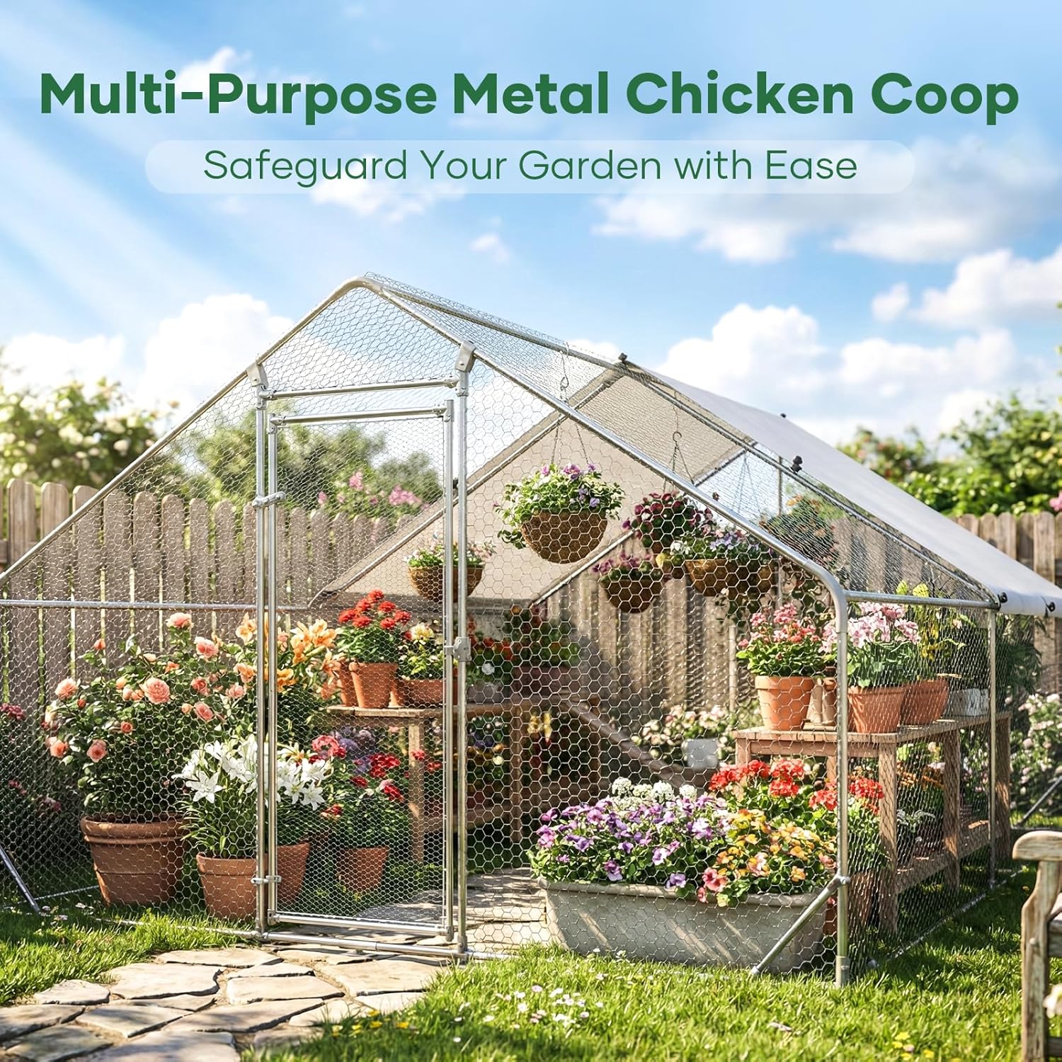 Large Chicken Coop Metal Chicken Runs for Yard 20x10x6.5 ft Chicken Coop with Cover Gallinero para Gallinas Heavy Duty Chicken Cage Rabbit Duck Quail Coop Lockable Door with Waterproof Anti-UV Cover