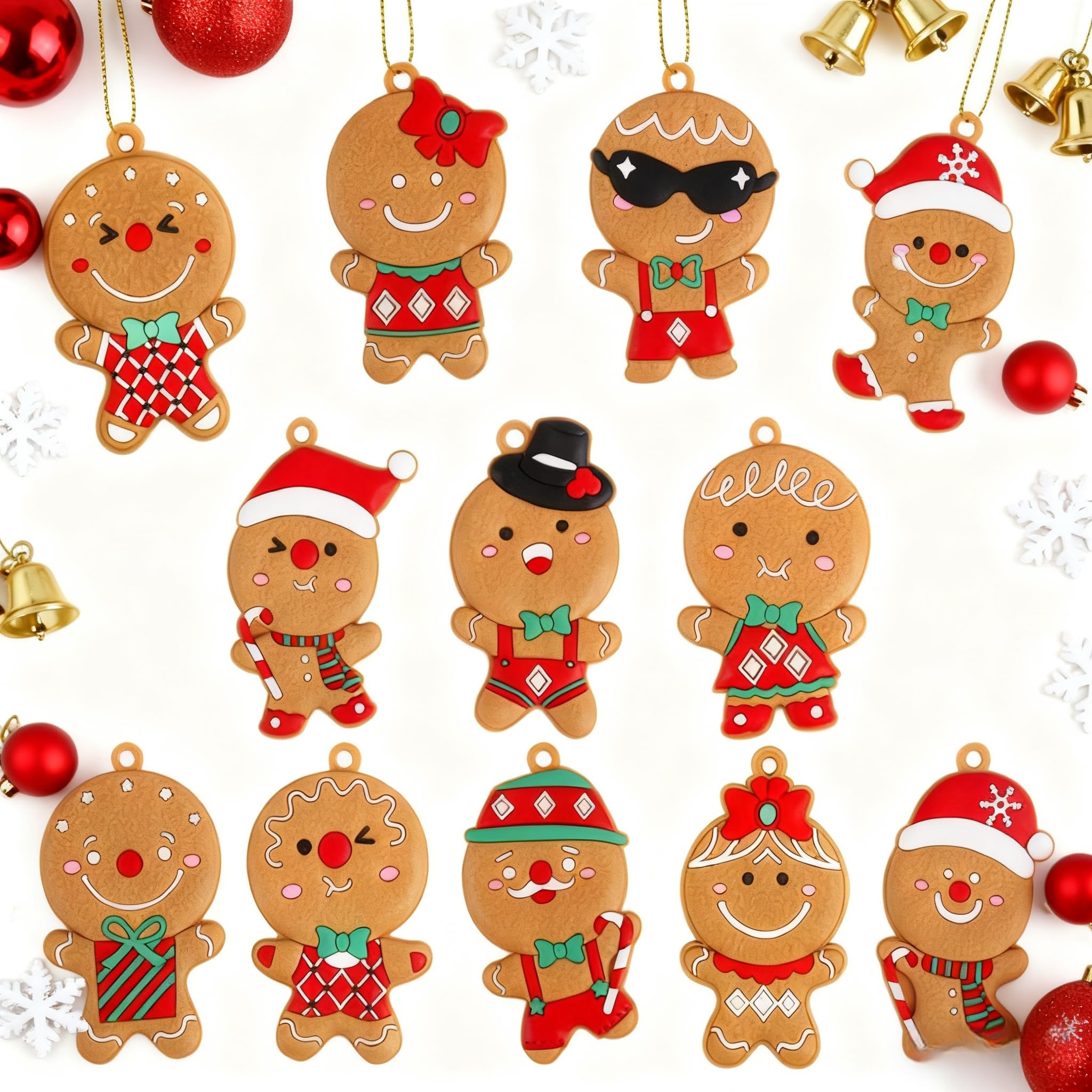 Christmas Gingerbread Ornaments | 12 Pack Assorted Clay Ginger Man Figurines - Hanging Gingerbread Christmas Decorations for Xmas Tree & Holiday Party (A)
