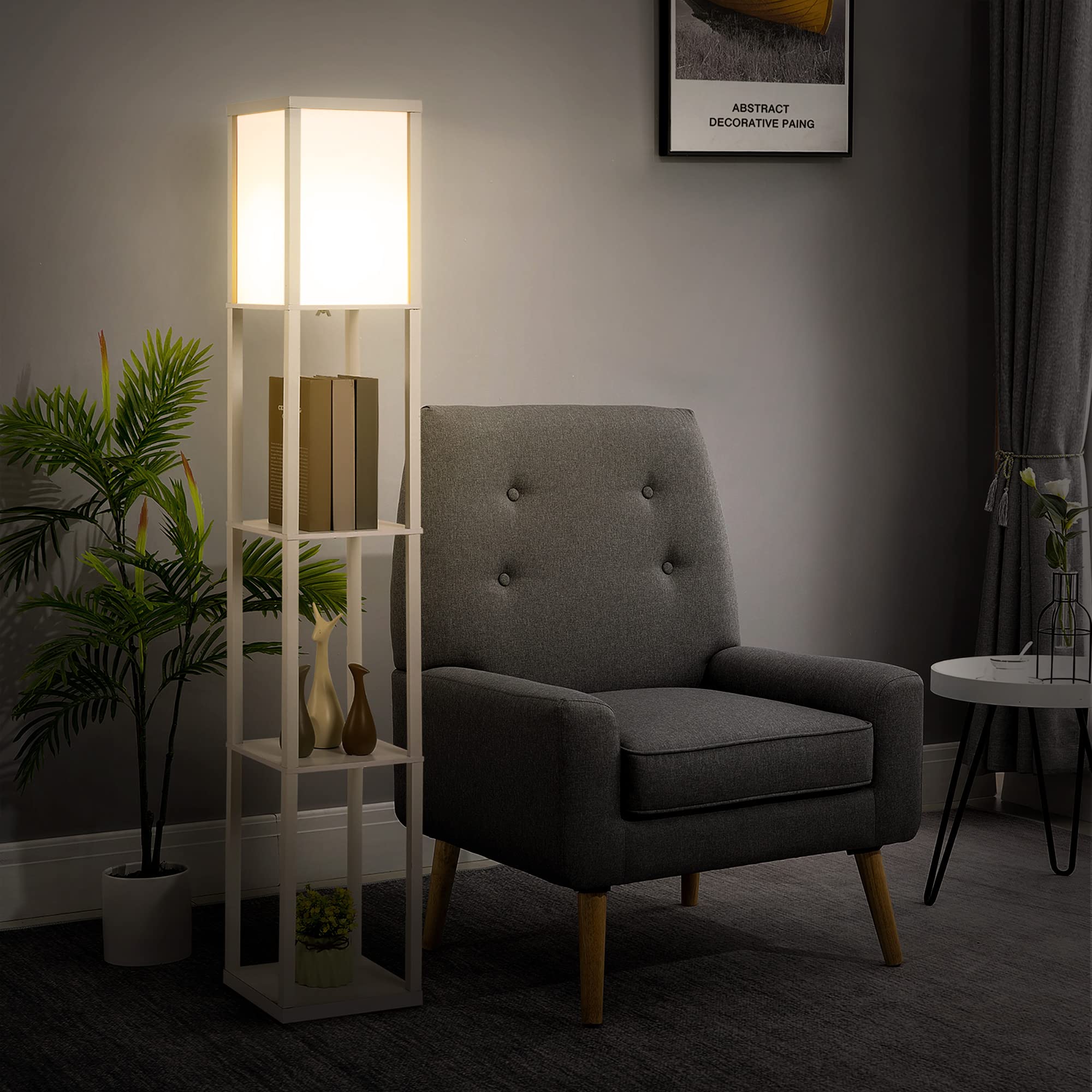 HOMCOM Lámpara de Pie con Estantes de Almacenaje, Lámpara de Madera Moderna, Bombilla E27, para Salón, Dormitorio, Oficina, Blanco