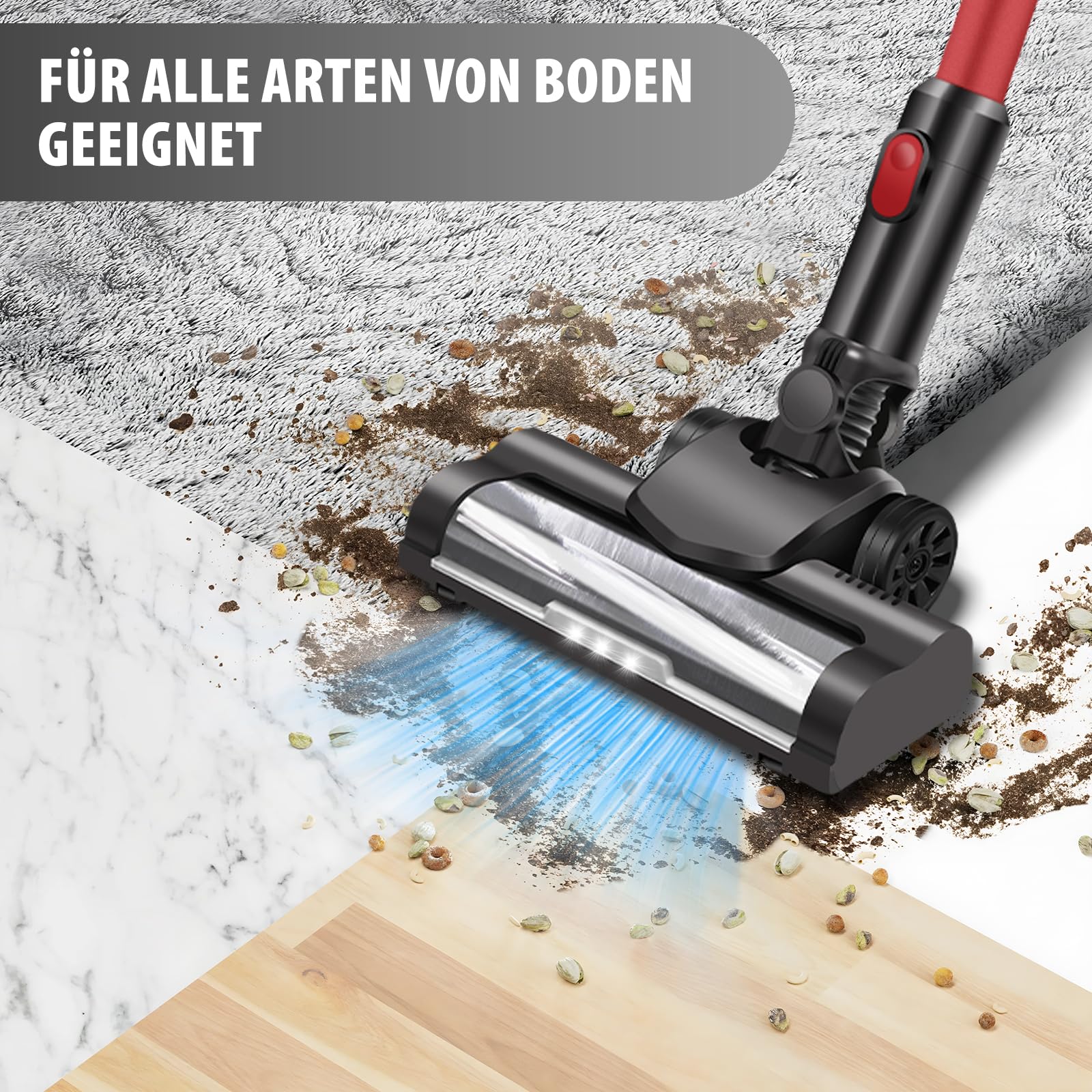 Kabelloser Stabstaubsauger, 15KPA aufrechter Staubsauger mit 3,0Ah-Akku, LED-Licht, 2 Geschwindigkeiten Ideal für Tierhaare, Teppiche und Hartböden