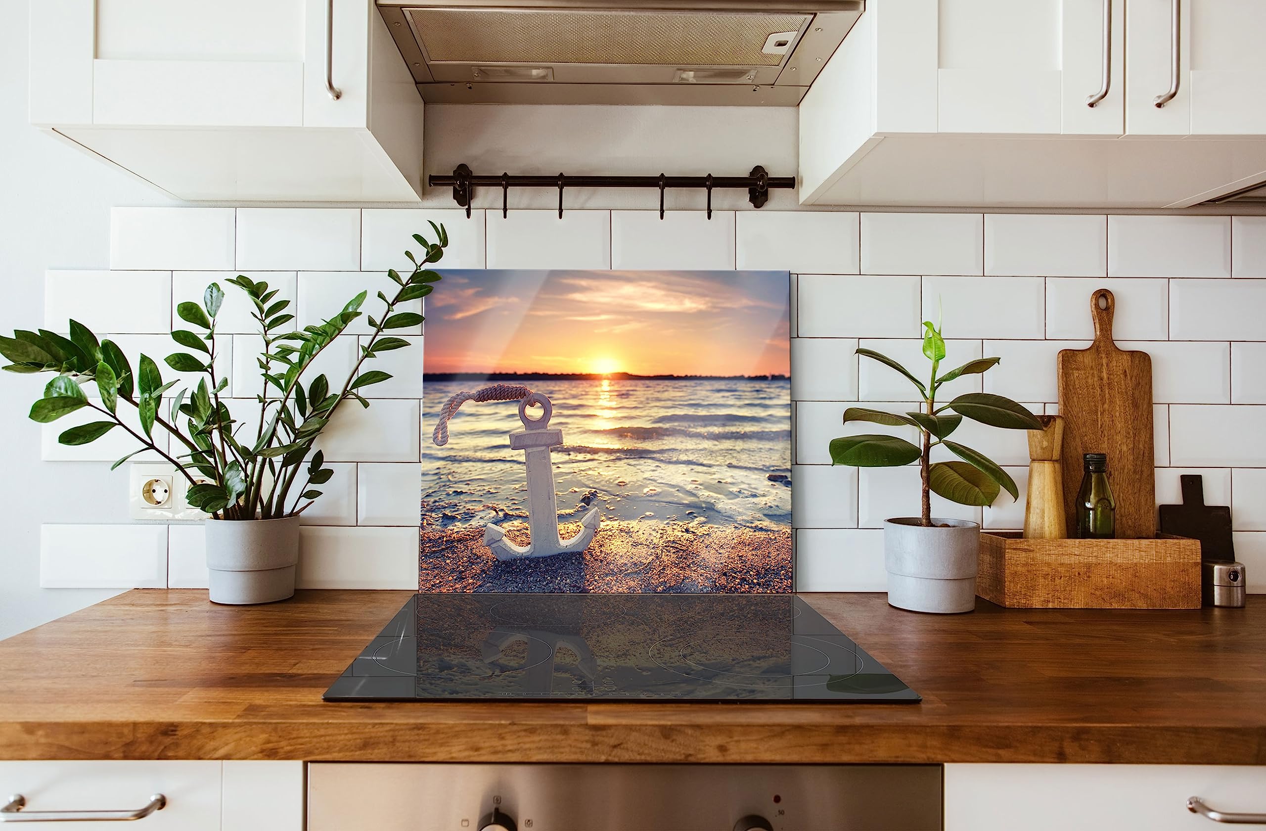 Anker am Ostseestrand im Sonnenuntergang Herdabdeckplatte & Spritzschutz aus Echtglas | Für Herd-Kochfelder | 60x52 cm