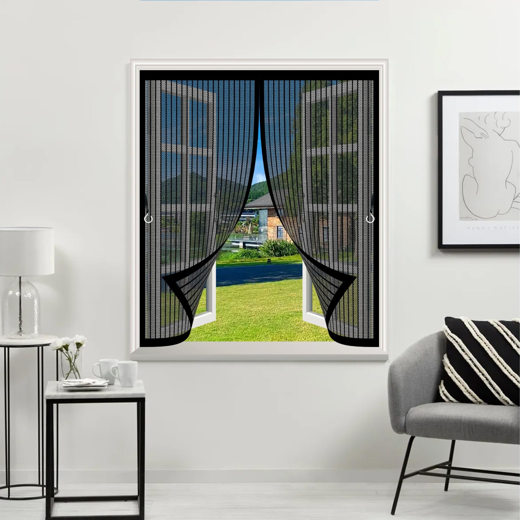 Moskitiery Do Zasłon 120 x 120 cm Silne Magnesy, Montaż Bez Wiercenia, Zamyka Się Automatycznie, Chroni Przed Muchami I Owadami Zasłona Z Siatki Do Wszystkich Typów Okien, Czarny