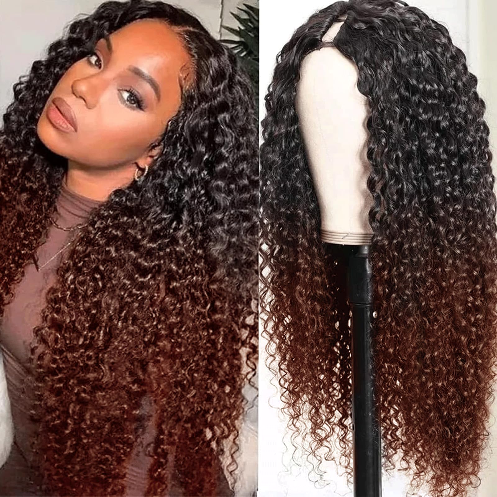 haha Ombre Reddish Brown Curly Wig Human Hair V Part Wig No Leave Out Upgrade Thin U Part Ombre Wig For Women Black to Dark Brown Wig Colored Brazilian Virgin Hair 26 Inch 150% Density Two Tones