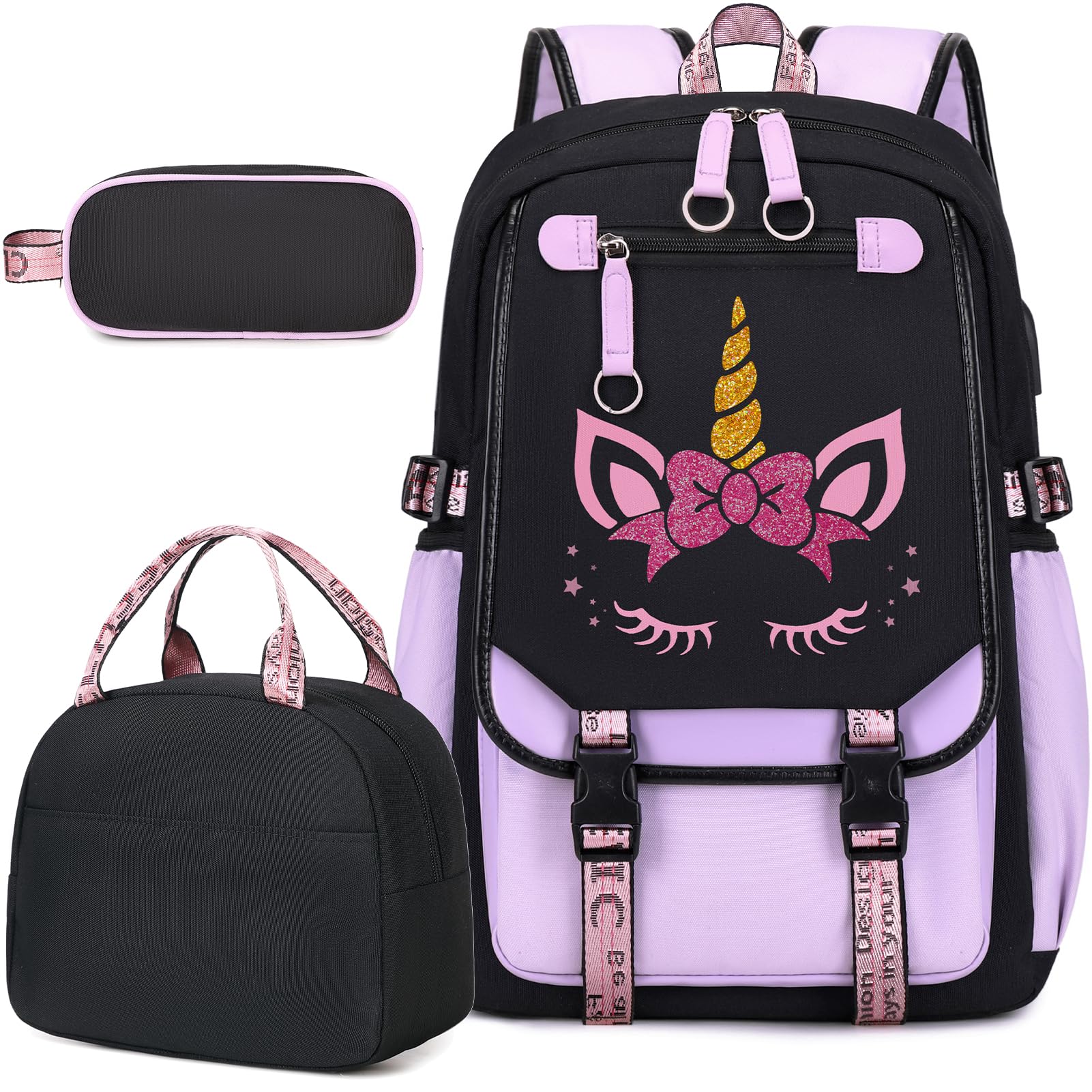Bevalsa School Backpack for Girls, Purple Unicorn Backpack with Lunch Box & Pen Case, Bookbag for Girls Kids Elementary Middle High School Student 21L