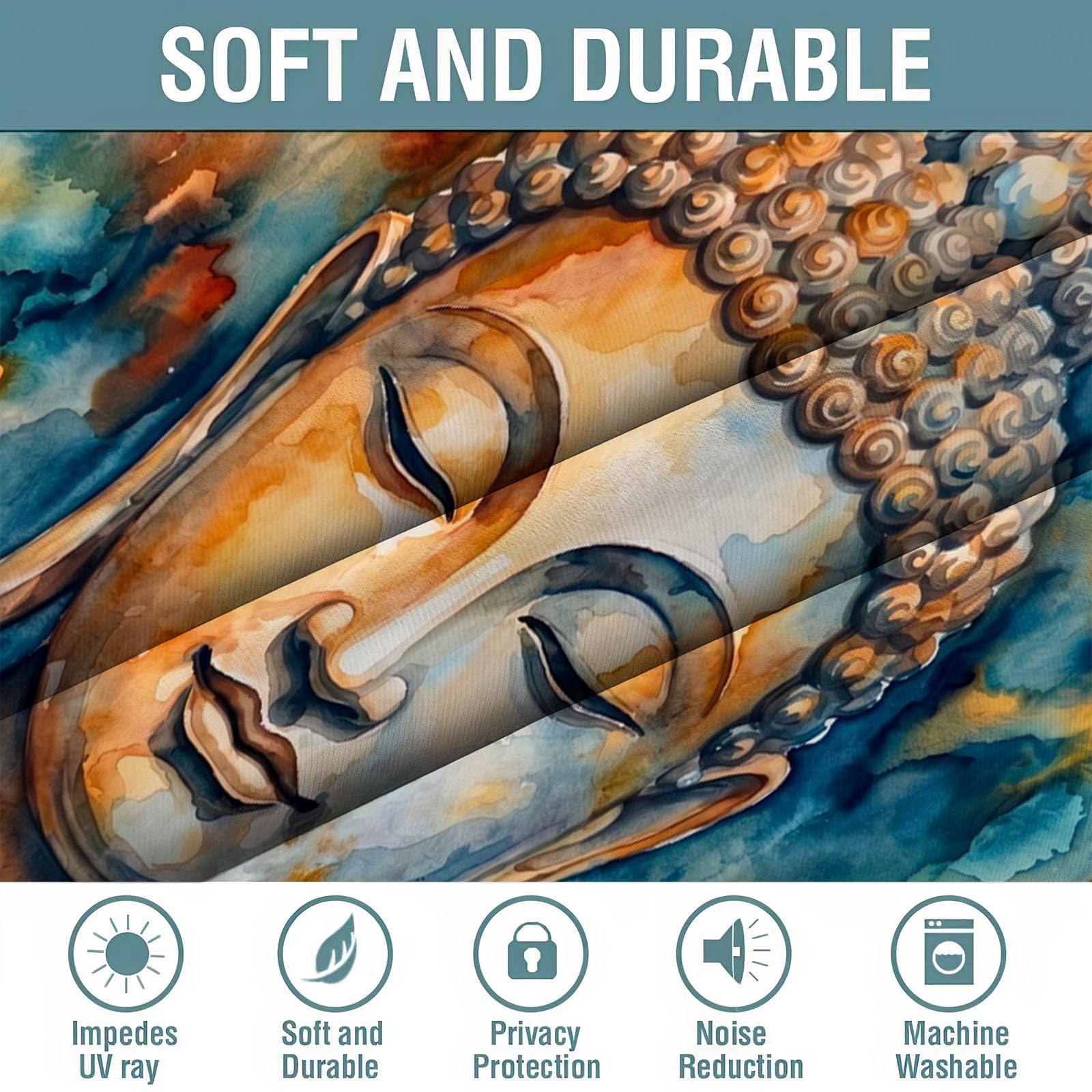 Tende oscuranti al 95% con Arte astratta per soggiorno | 160 cm di lunghezza, pannelli con Statua Buddha realizzata con acquerello e inchiostro. per camera da letto, tende isolate termicamente
