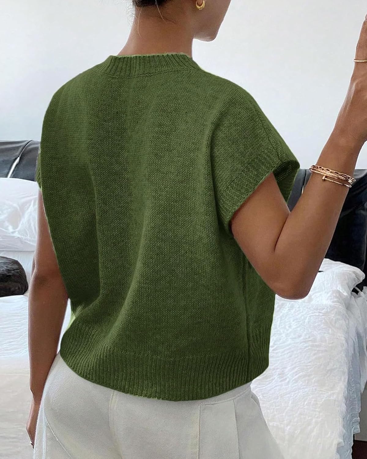 Short Sleeve Sweater for Women Ribbed Crew Neck Loose Fit Knit Pullover Tops - Image 2