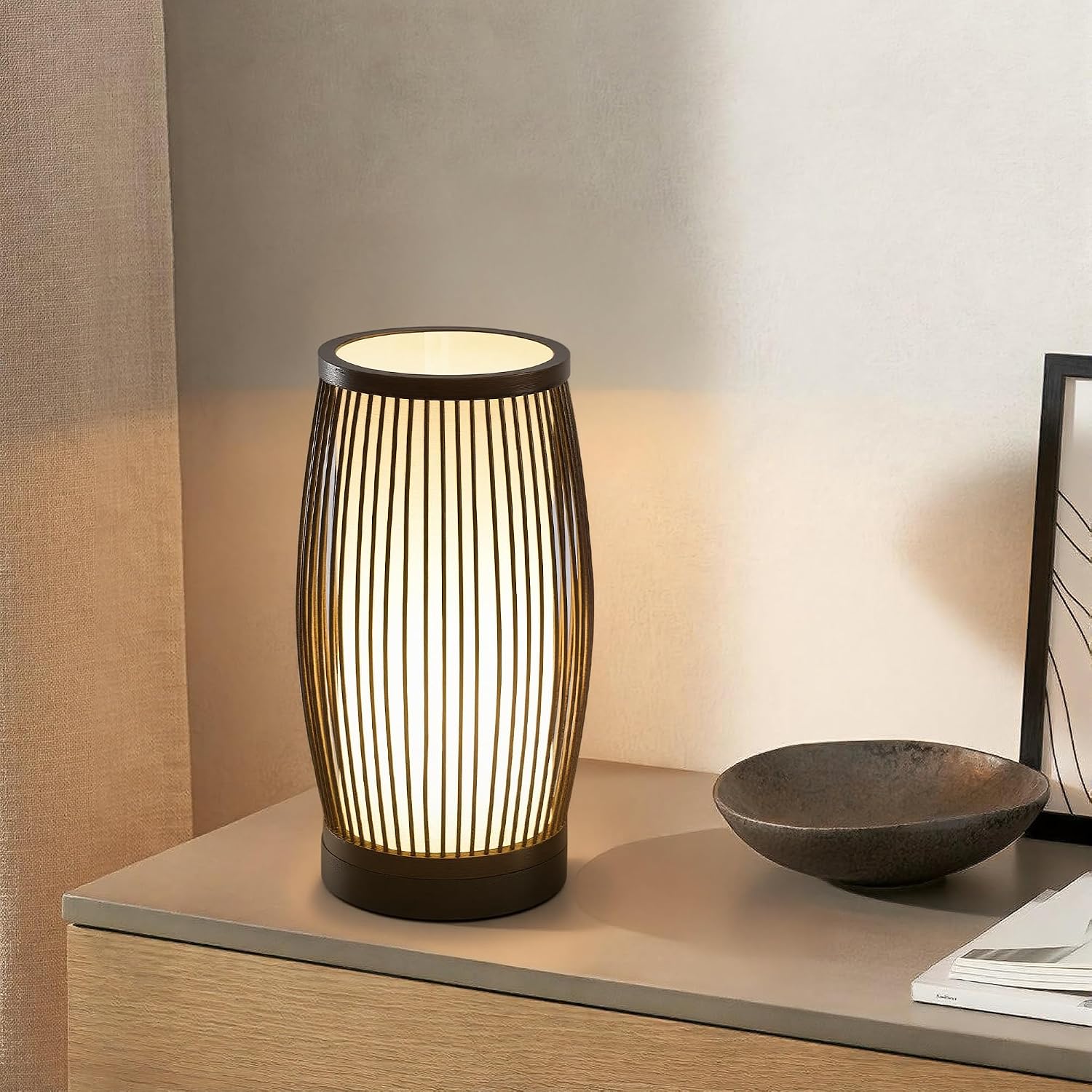 Boho Bamboo Table Lamps Set of 2, Slatted Bamboo Bedside Nightstand Lamps with Beige Linen Shade, Small Modern Lamp for Bedroom Living Room Dorm Decor