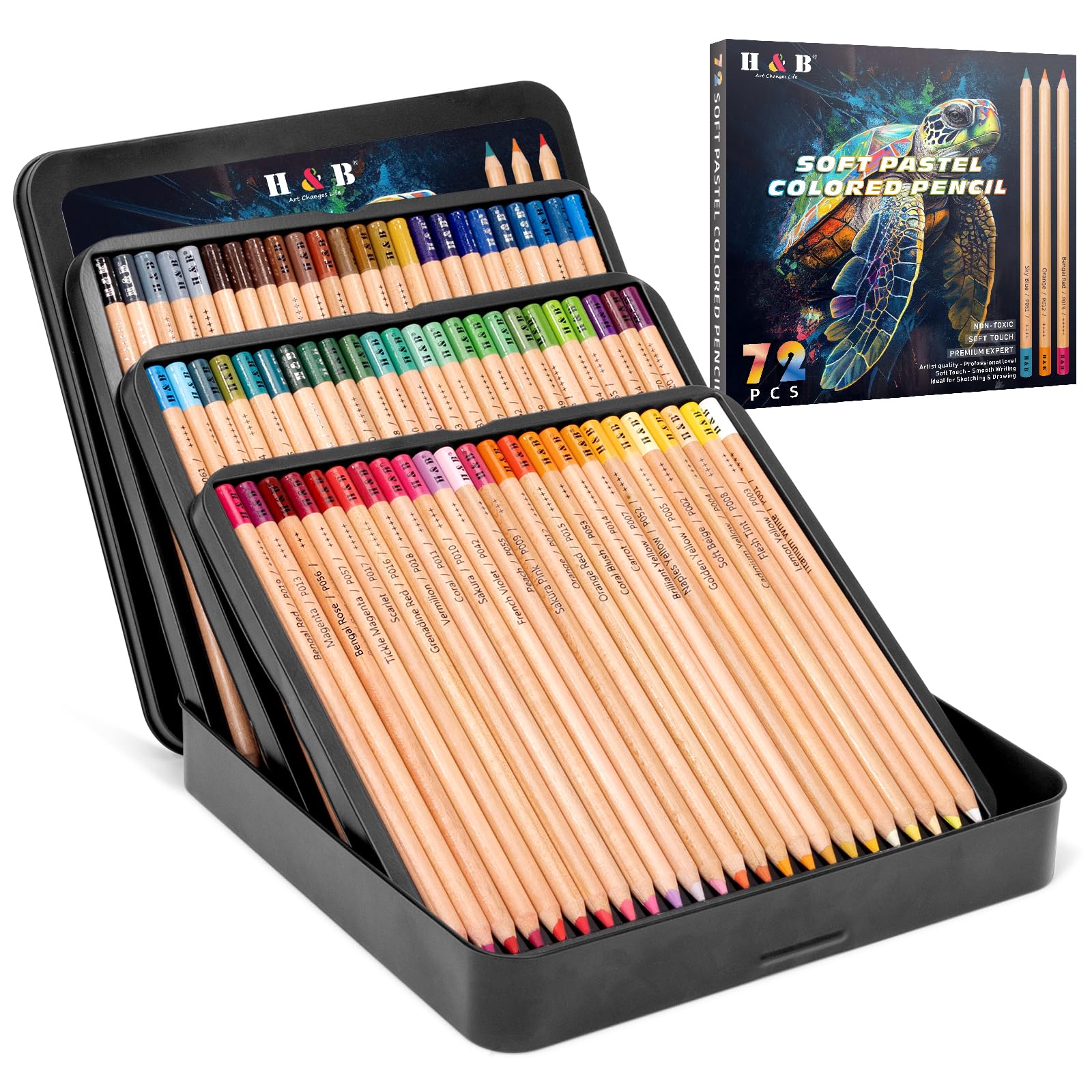 H & B Pastel Colouring Pencils, 72-Count in Tin - Professional Artist Pencils for Adults,Vibrant for Sketching,Blending, Colouring Books, Wet or Dry Drawing & Illustration
