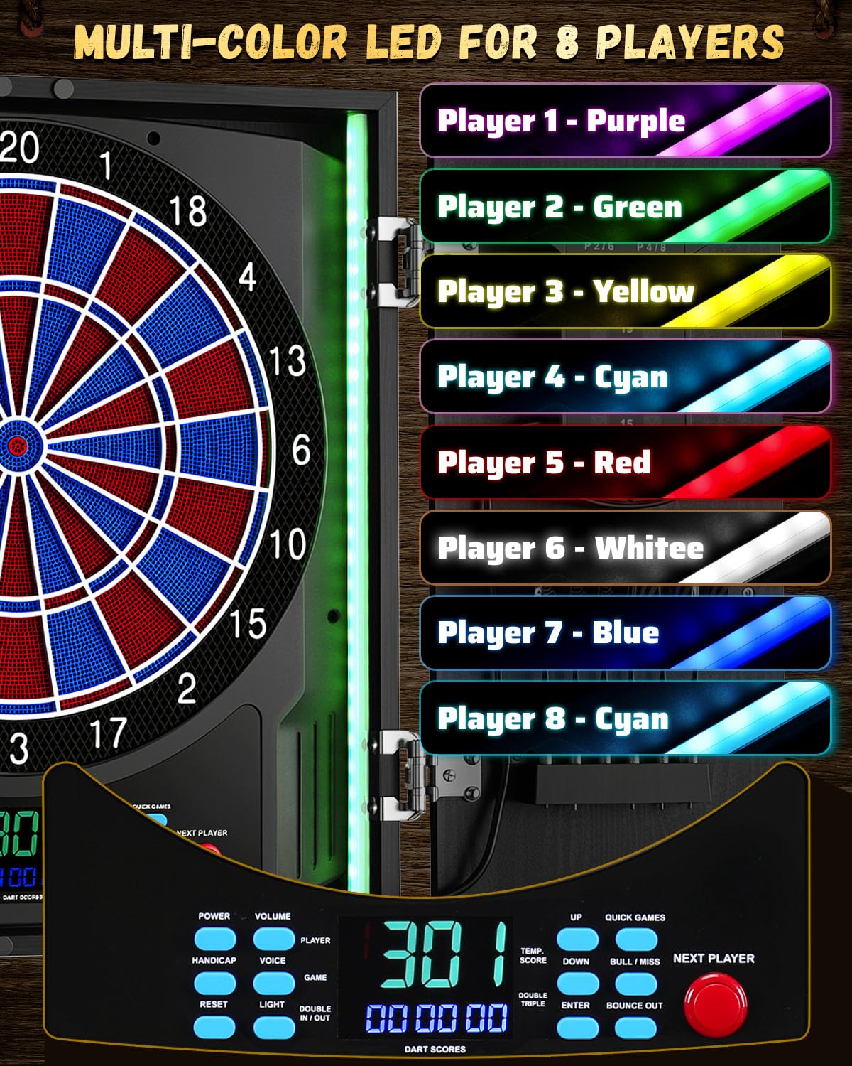 Cible de Fléchettes Électronique Adultes avec Armoire, LED 8 Couleurs Sons | Effets Sonores et Lumineux, Score Automatique, 12 Fléchettes Soft Tip, Mode Cricket
