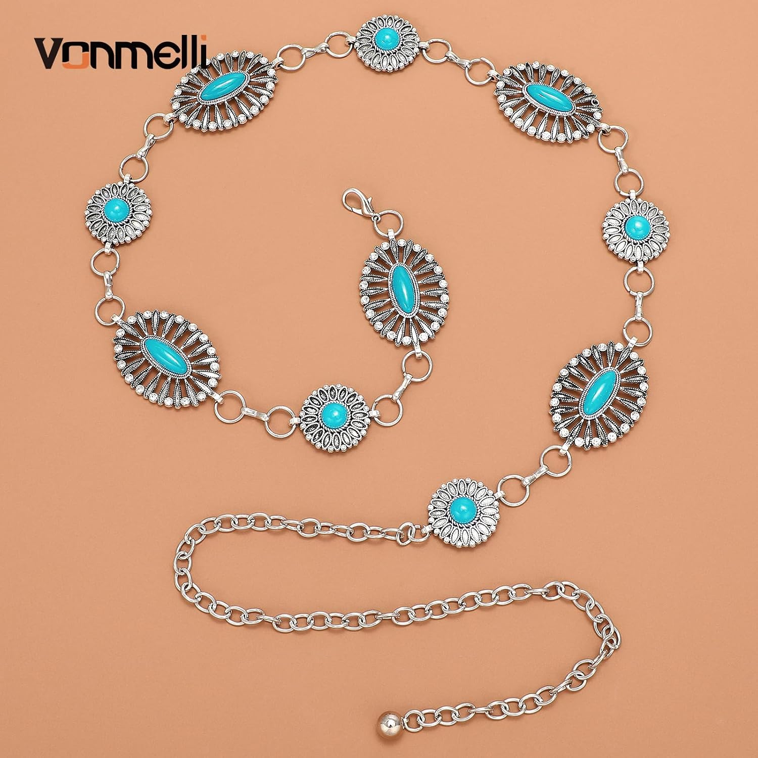 VONMELLI Western Silver Chain Belt for Women Cowgirl Metal Concho Belt Turquoise Waist Chain for Dresses Jeans, Blue Turquoise L - Image 5