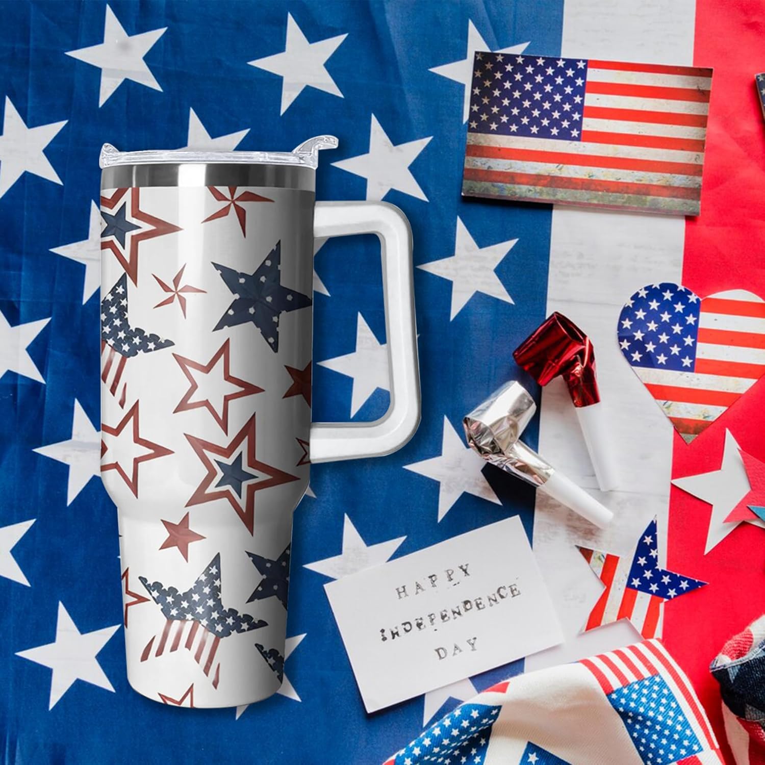 40oz American Flag Tumbler with Handle and Straw, Gifts for Memorial, Veterans, Independence, Patriots Coffee Mug, Water Bottle, Labor Day Stainless Steel Insulated Cup